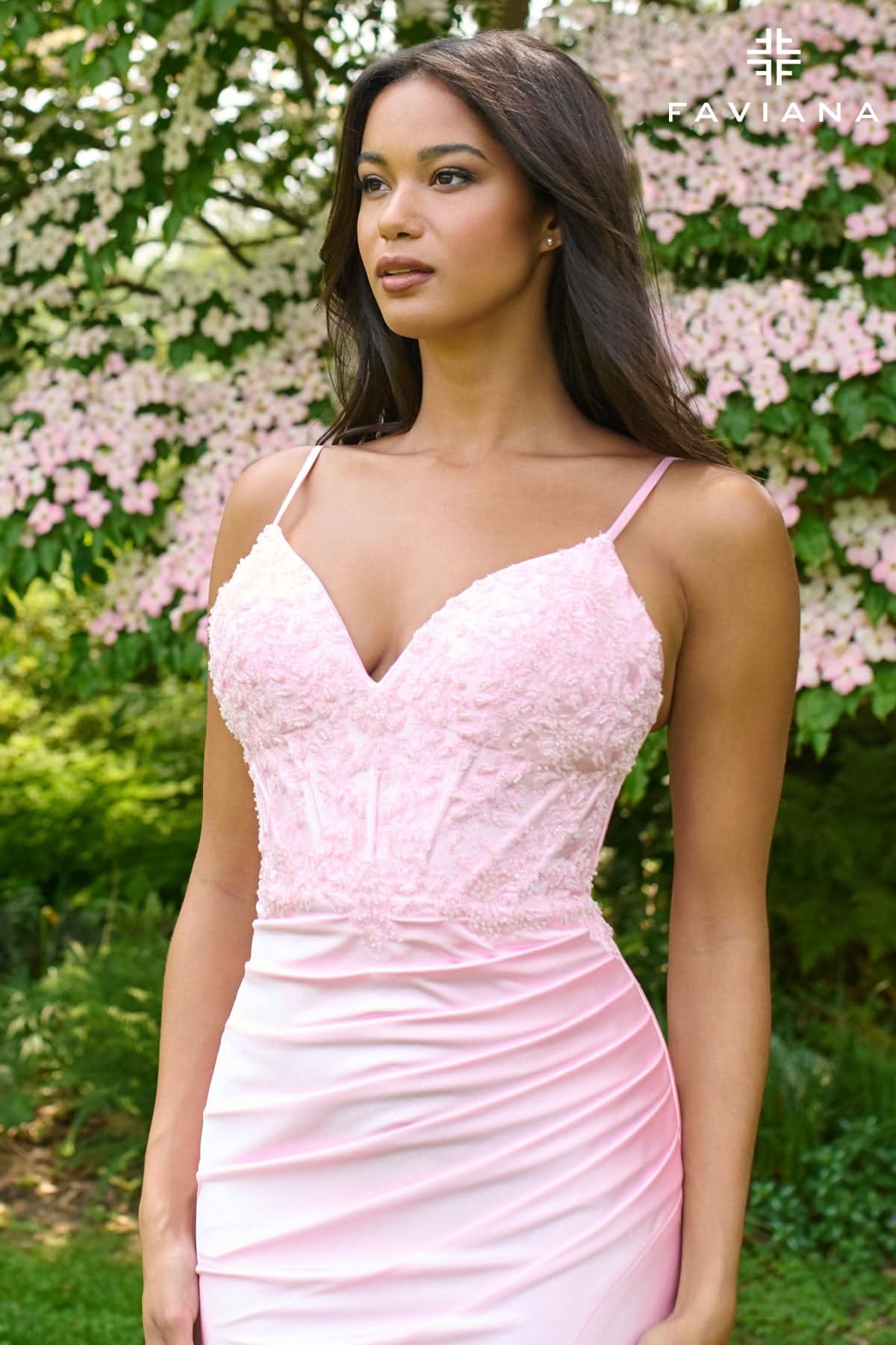 V-Neck Corset Dress With Beaded Lace Appliqué And Satin Skirt | 11406/11406E