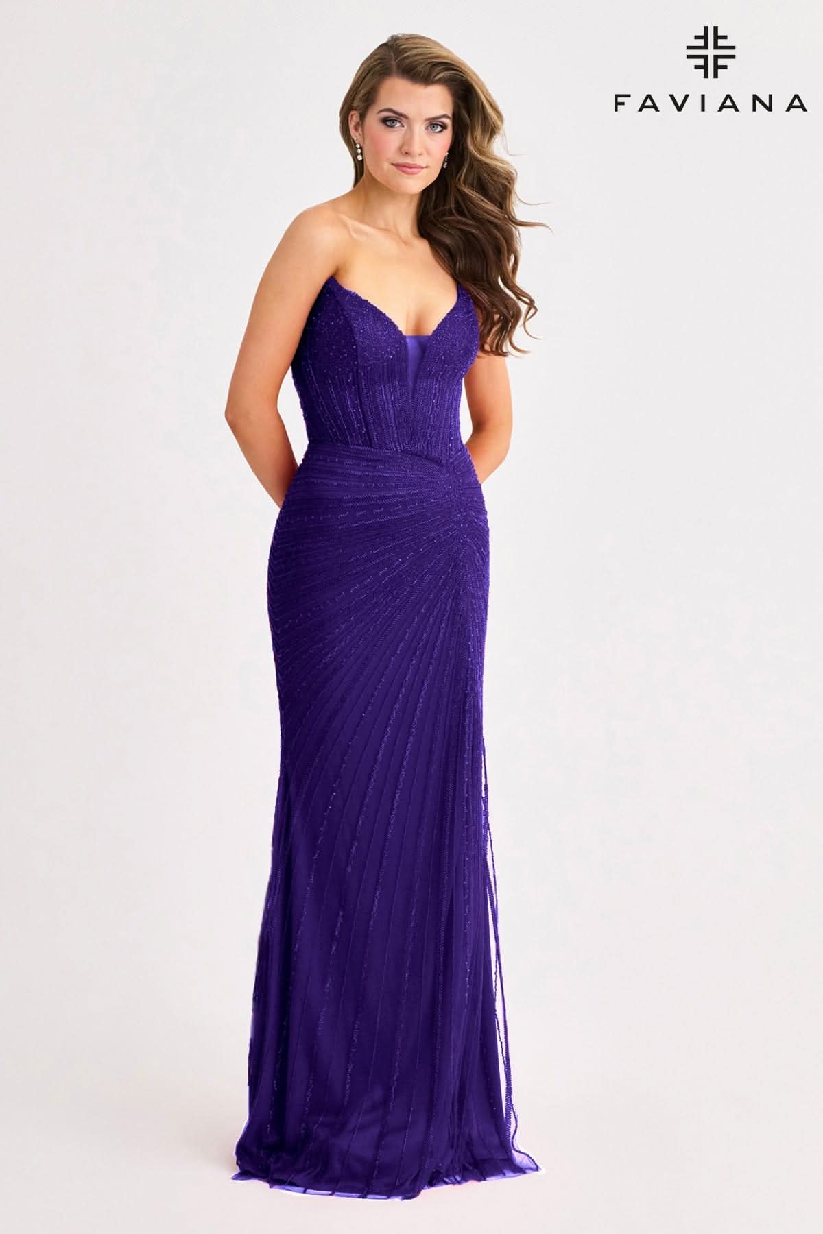 Purple Pointed Corset Gown With Tonal Beading And Wrapover Waist Effect | 11410
