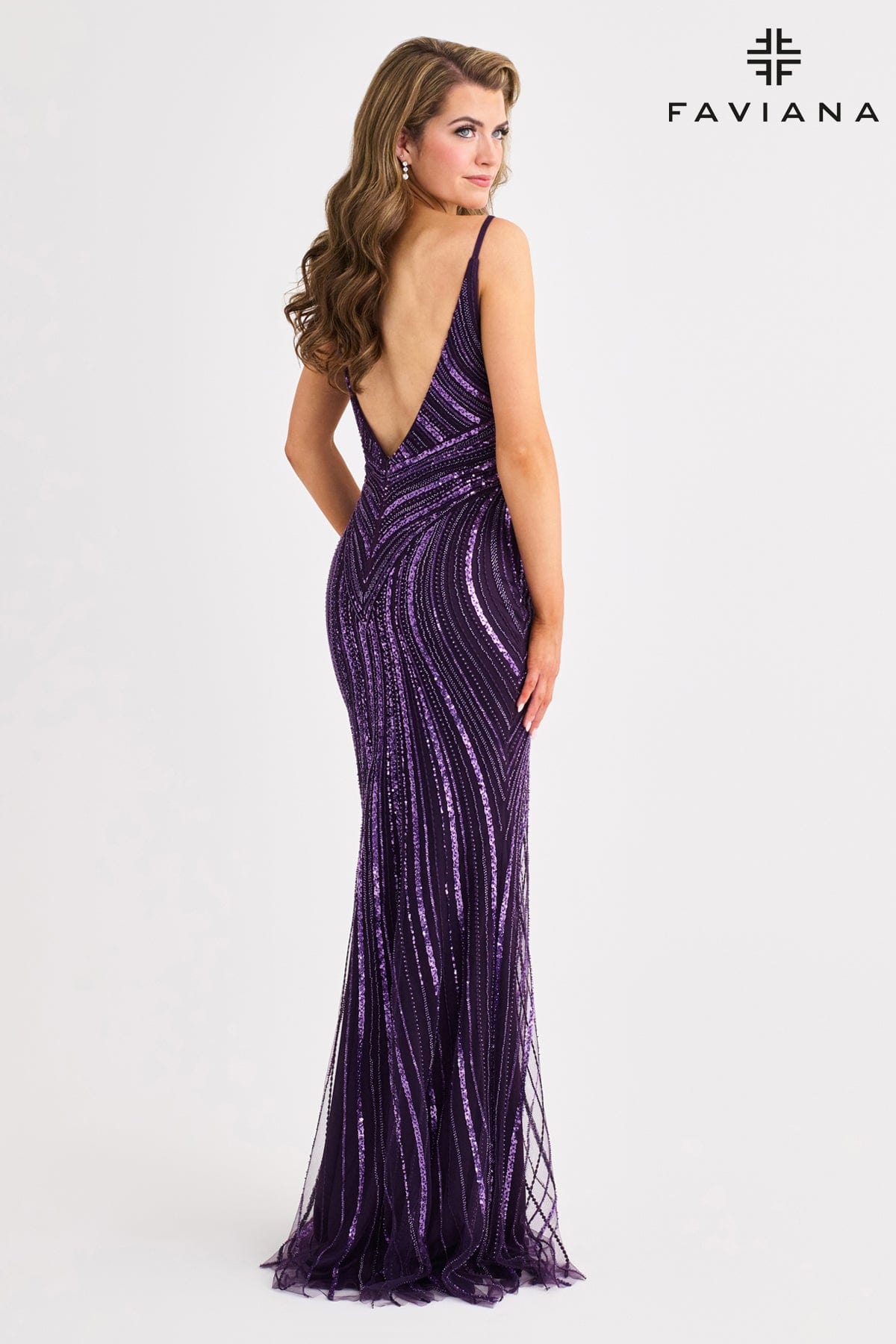 Deep V-Neck Linear Beaded Glam Long Dress | 11412