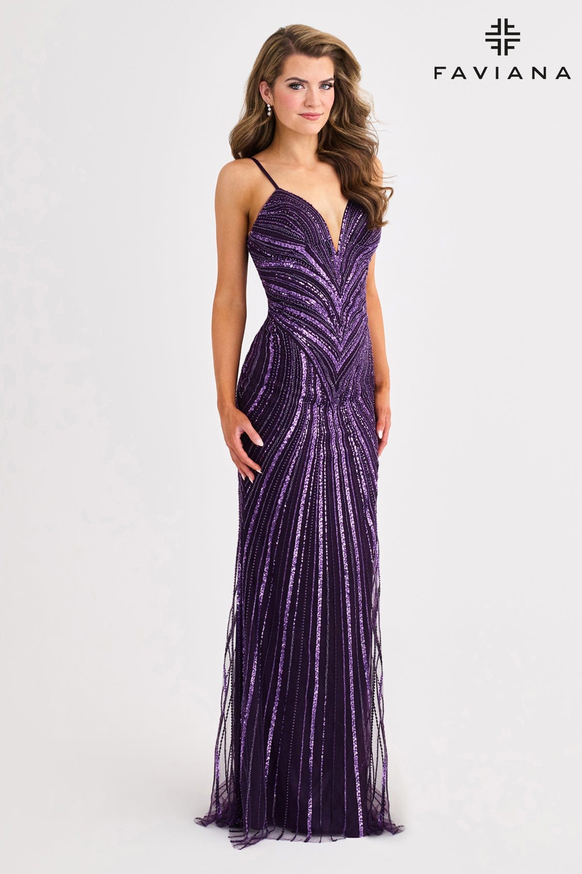 Deep V-Neck Linear Beaded Glam Long Dress | 11412
