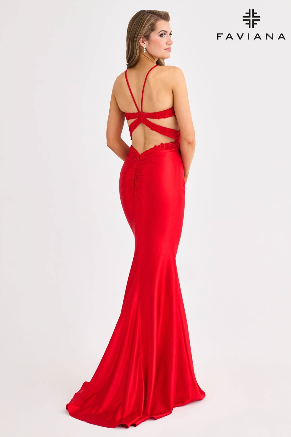 Satin And Lace Appliqué Long Dress With Strappy Back | 11414