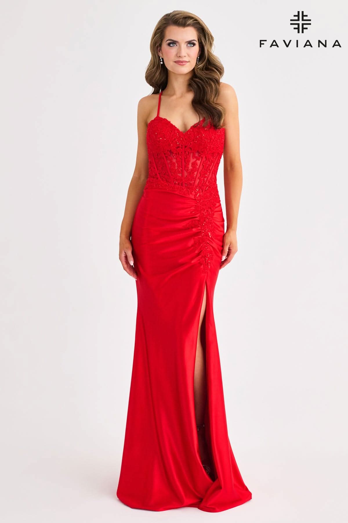 Satin And Lace Appliqu Long Dress With Strappy Back | 11414 Satin And Lace Appliqu Long Dress With Strappy Back | 11414