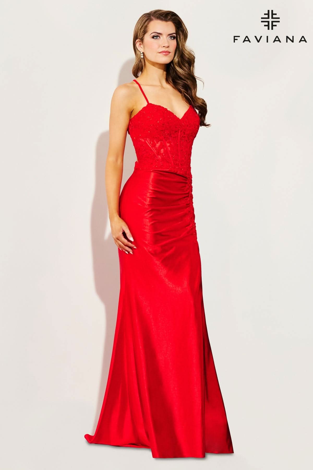 Satin And Lace Appliqué Long Dress With Strappy Back | 11414