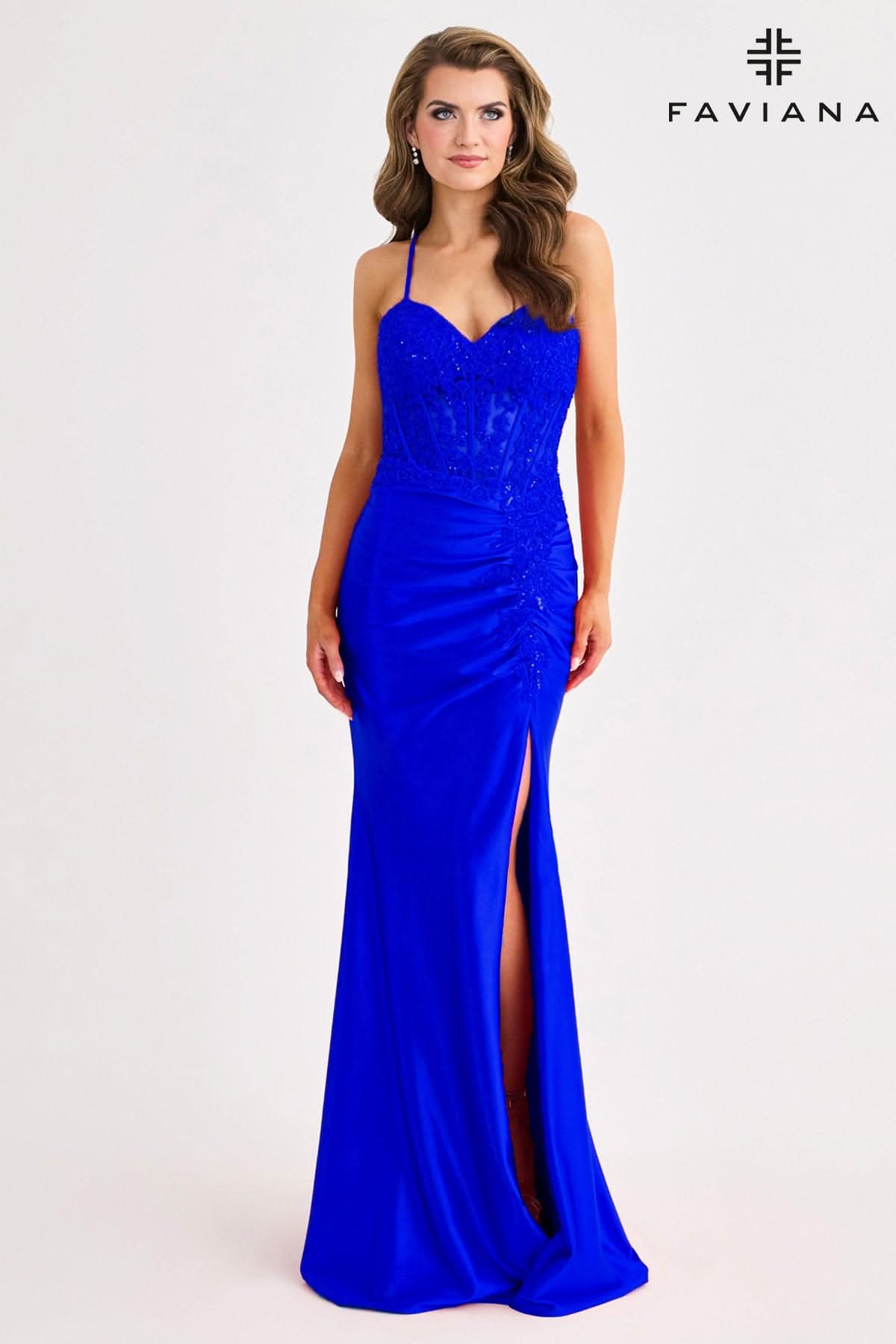 Satin And Lace Appliqu Long Dress With Strappy Back | 11414 Satin And Lace Appliqu Long Dress With Strappy Back | 11414