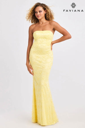 Light Yellow Beaded Strapless Dress With Bows And Lace-Up Back | 11416