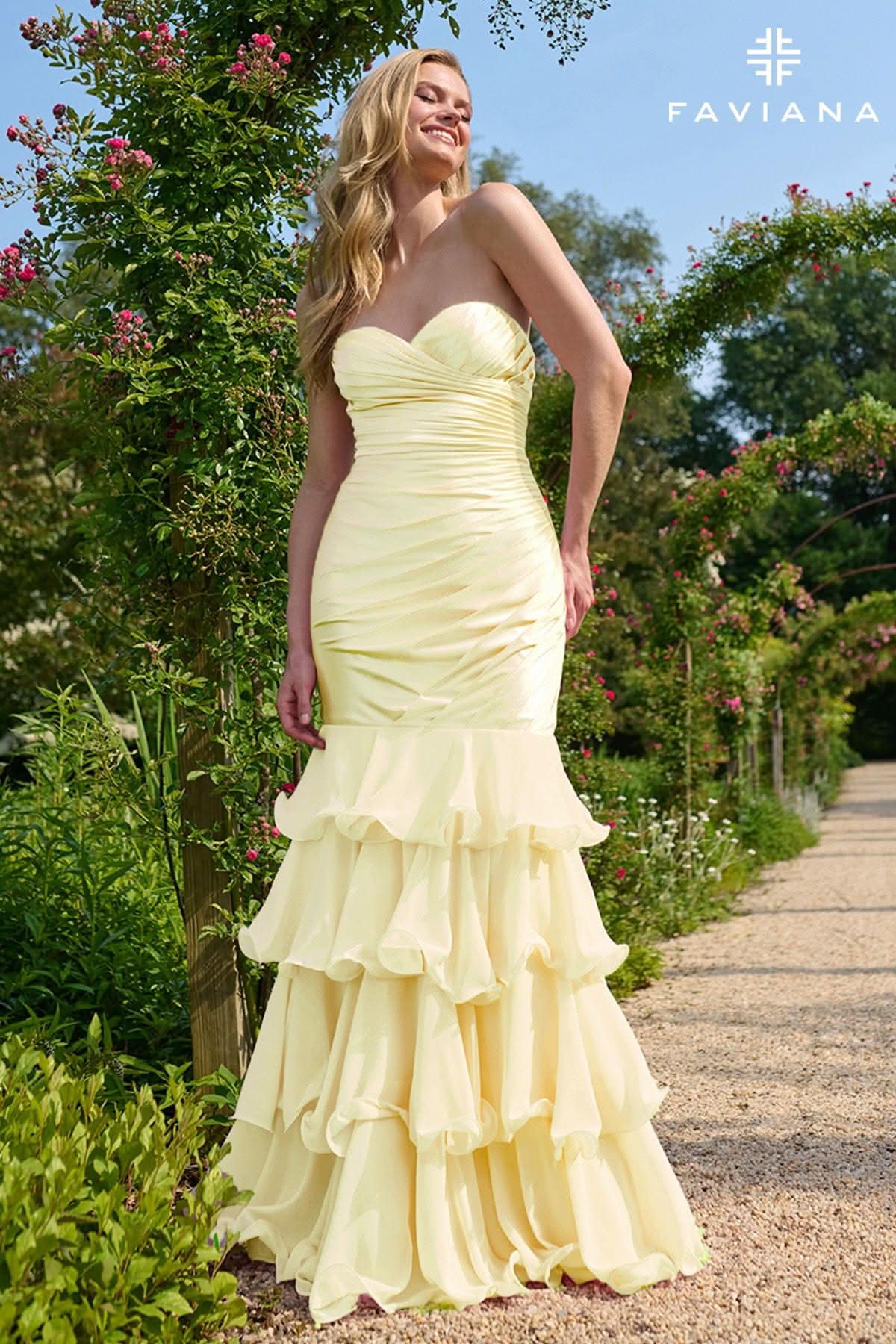 Yellow Satin And Chiffon Bodycon Mermaid Dress With Tiered Ruffle Skir Yellow Satin And Chiffon Bodycon Mermaid Dress With Tiered Ruffle Skir