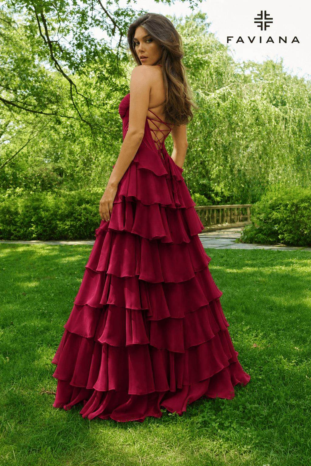 Merlot Chiffon Ball Gown With Tiered Ruffle Skirt And Corset Top | 11420/11420E