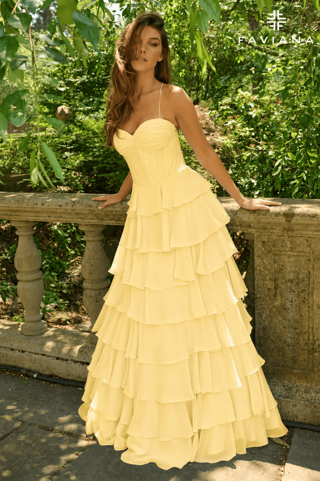 Light Yellow Chiffon Ball Gown With Tiered Ruffle Skirt And Corset Top | 11420/11420E