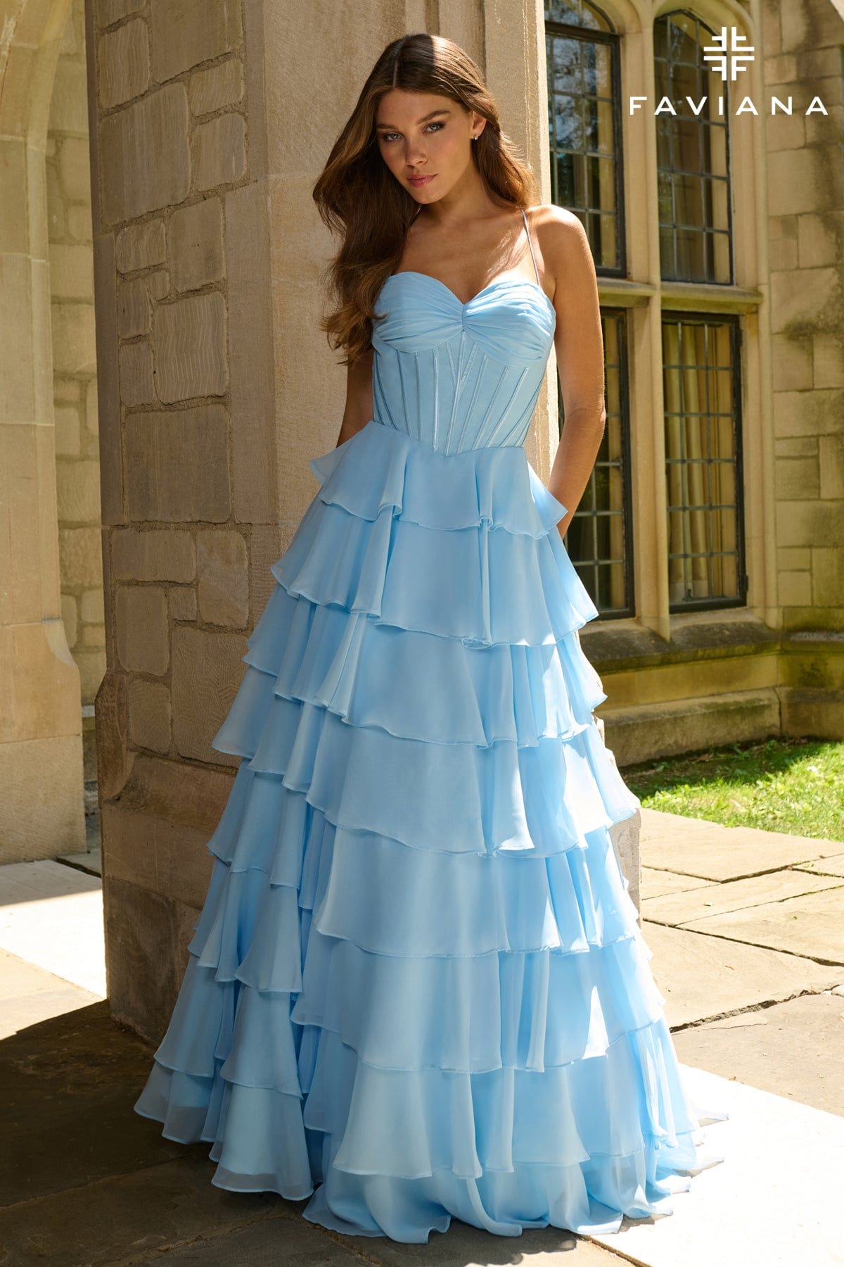 Chiffon Ball Gown With Tiered Ruffle Skirt And Corset Top | 11420/11420E