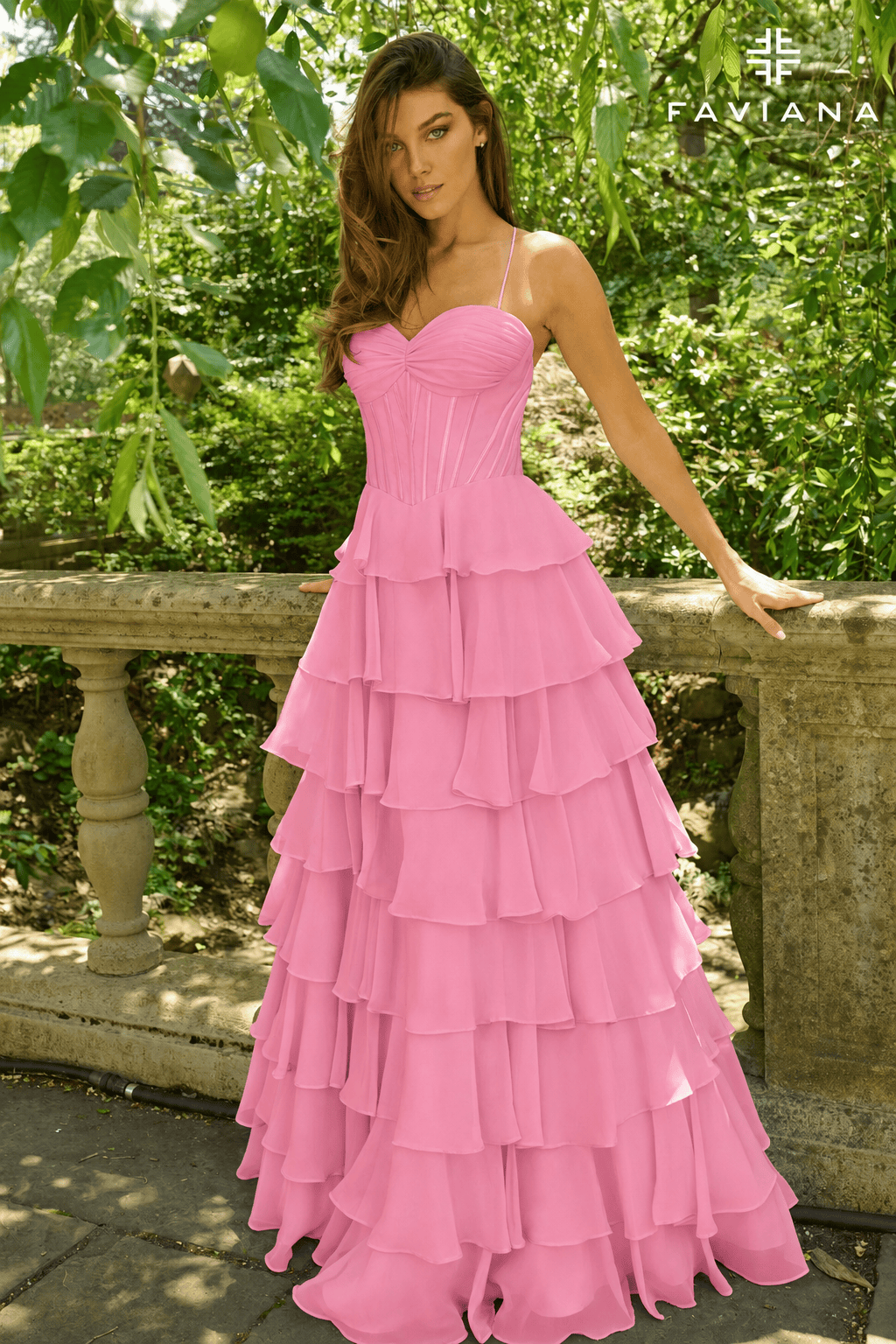 Cotton Candy Pink Chiffon Ball Gown With Tiered Ruffle Skirt And Corset Top | 11420/11420E
