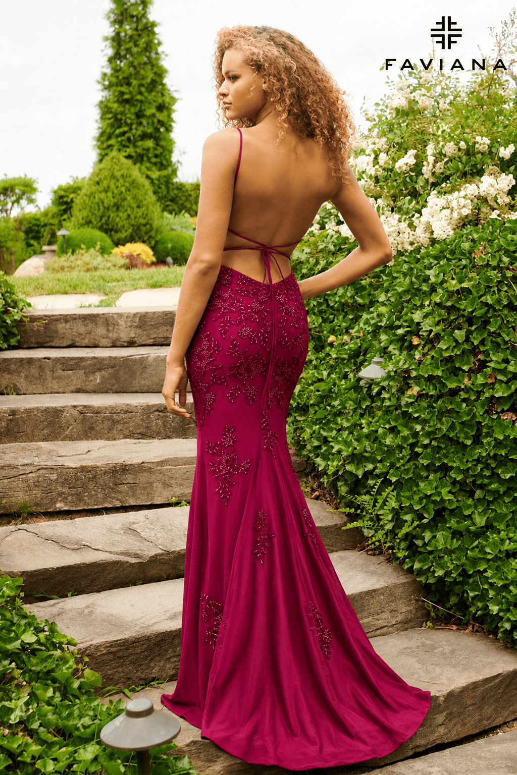 V-Neck Tulle And Applique Dress With Lace-Up Back | 11428