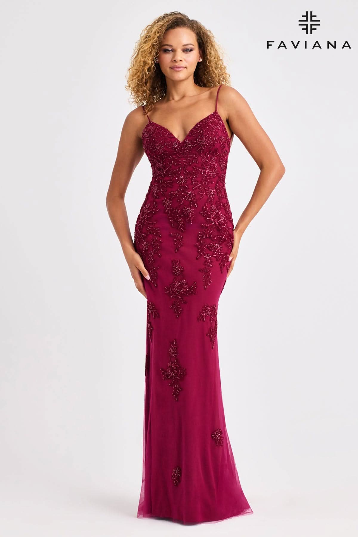 faviana prom dresses red Glamorous Red Beaded V-Neck Gown With Lace-Up Back