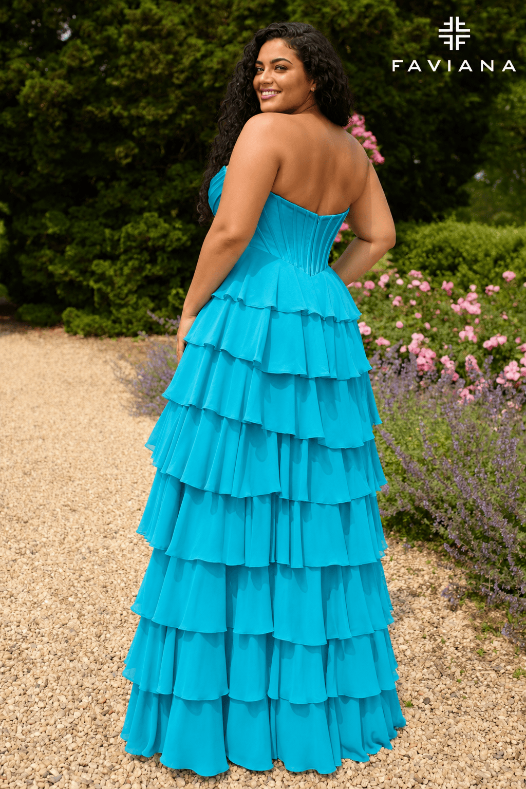 Peekaboo Corset Satin And Chiffon Dress With Tiered Ruffled Skirt