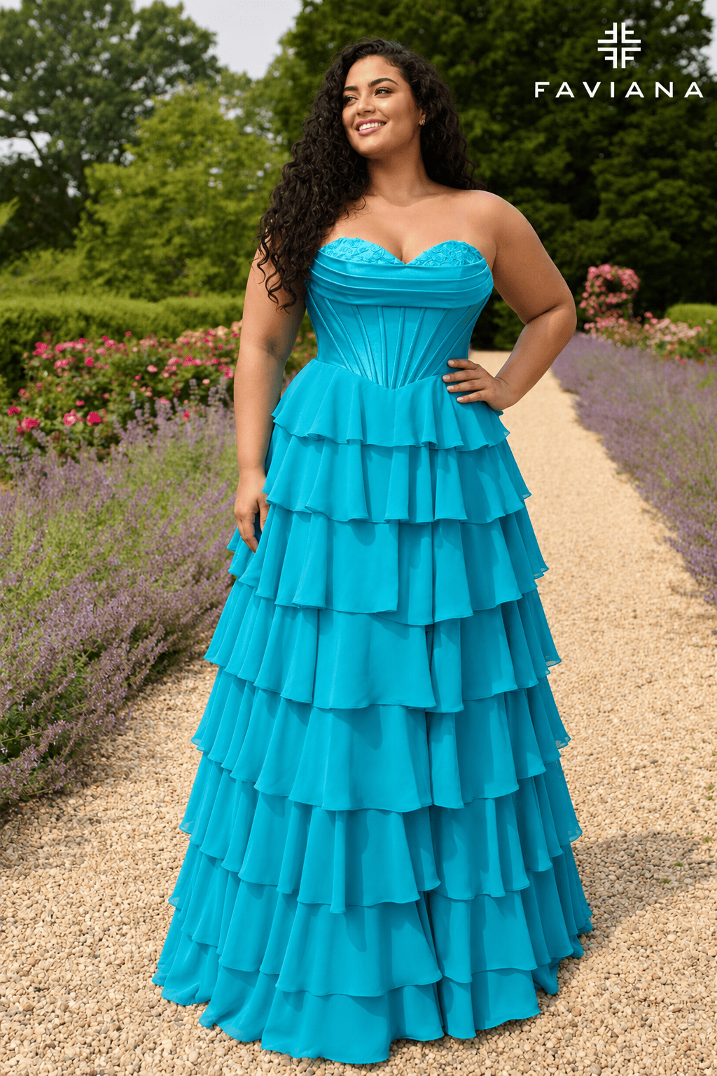 Peekaboo Corset Satin And Chiffon Dress With Tiered Ruffled Skirt | 11436/11436E