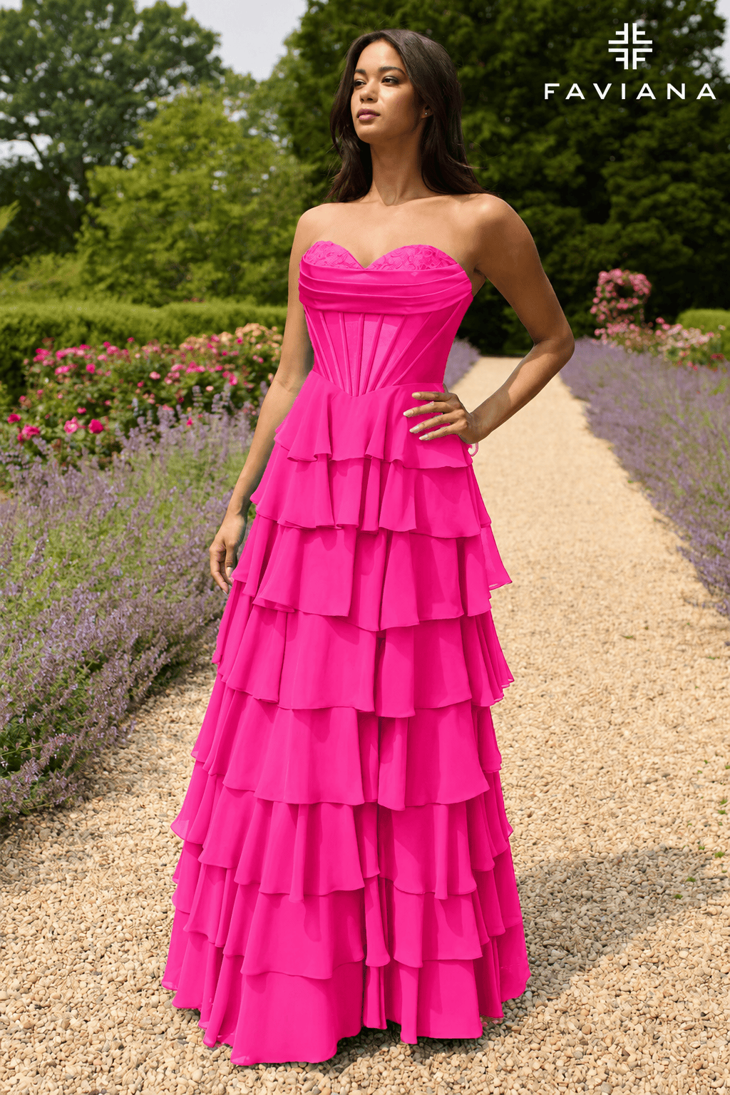 Lipstick Peekaboo Corset Satin And Chiffon Dress With Tiered Ruffled Skirt | 11436/11436E
