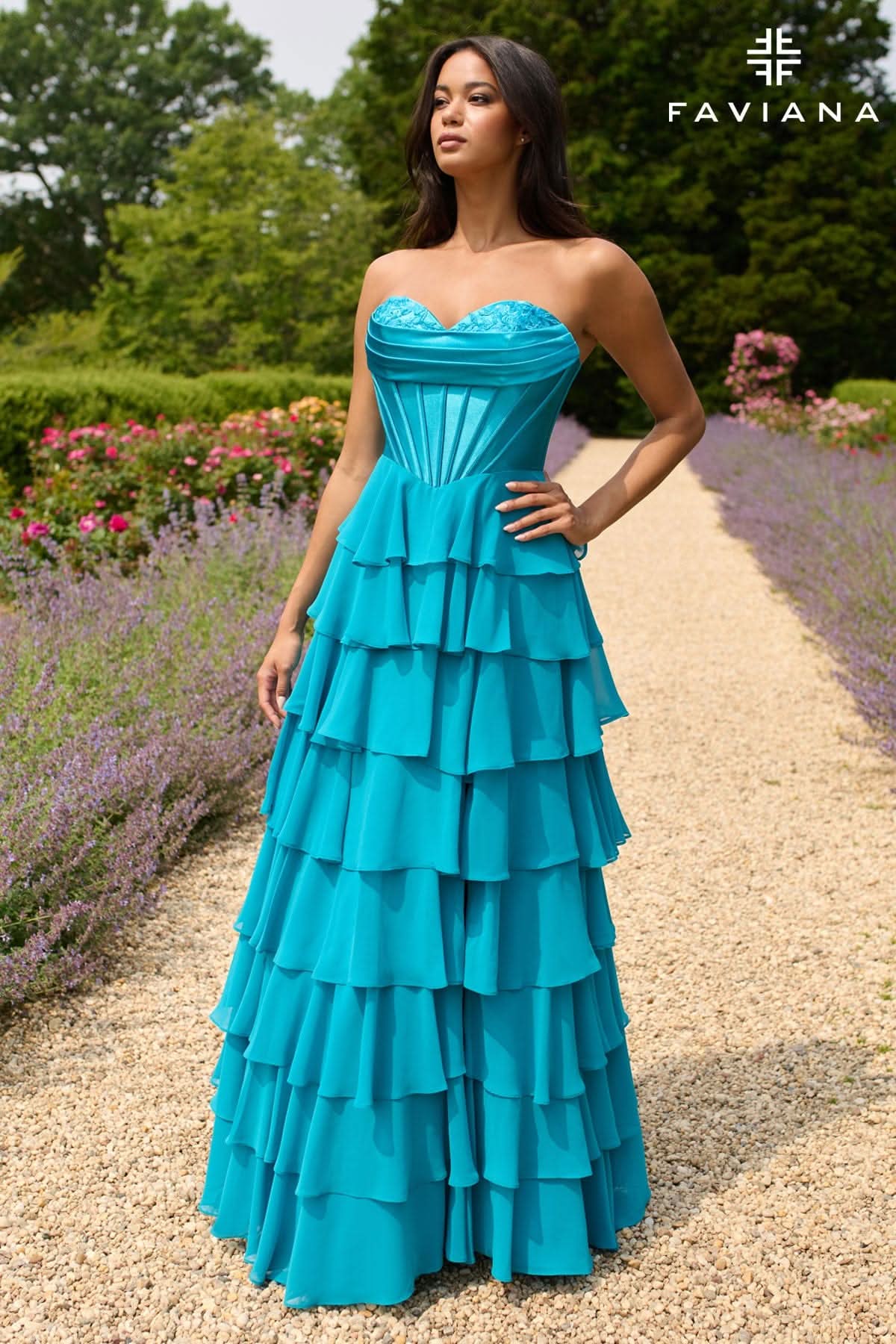 Aqua Peekaboo Corset Satin And Chiffon Dress With Tiered Ruffled Skirt | 11436/11436E