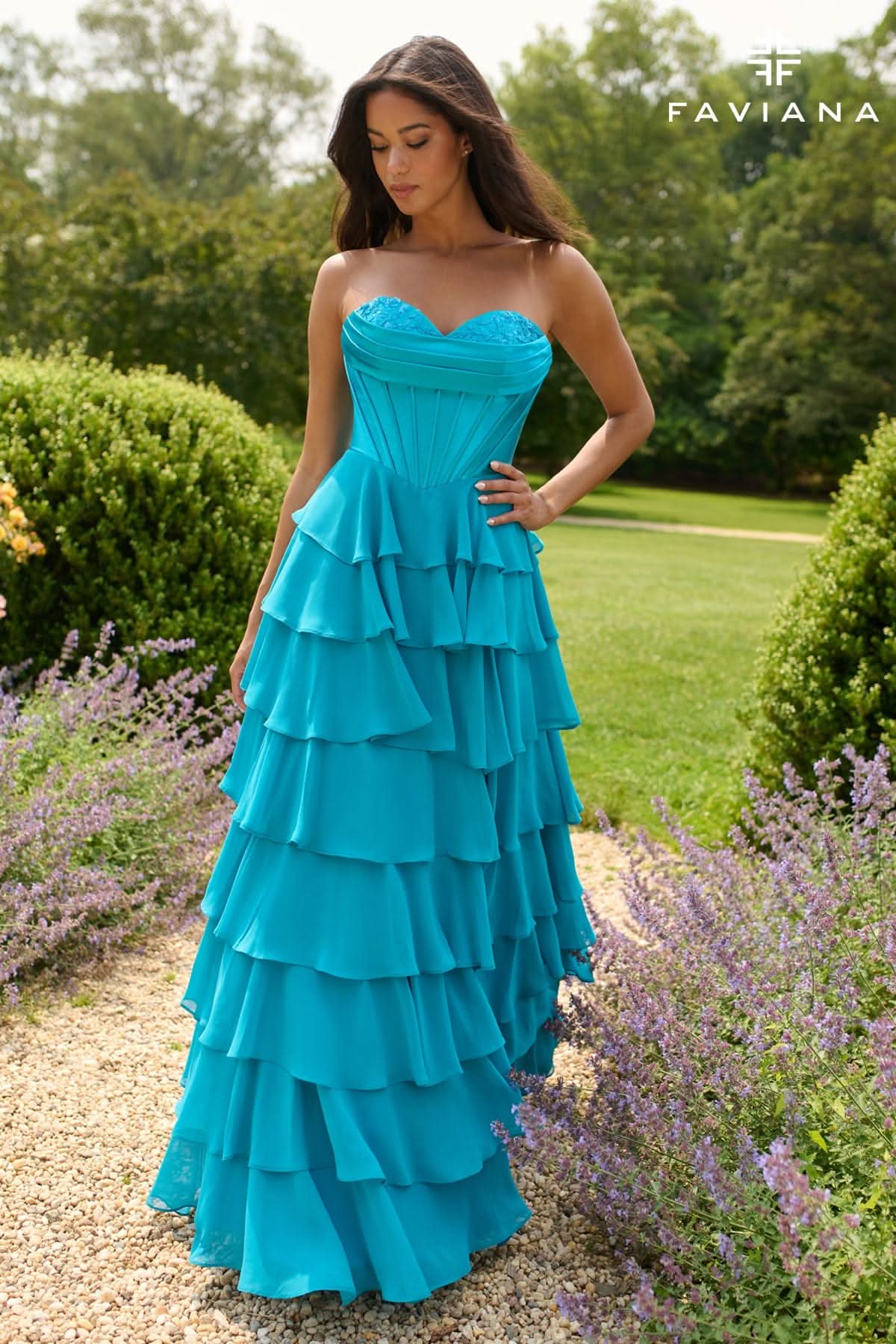 Peekaboo Corset Satin And Chiffon Dress With Tiered Ruffled Skirt | 11436/11436E