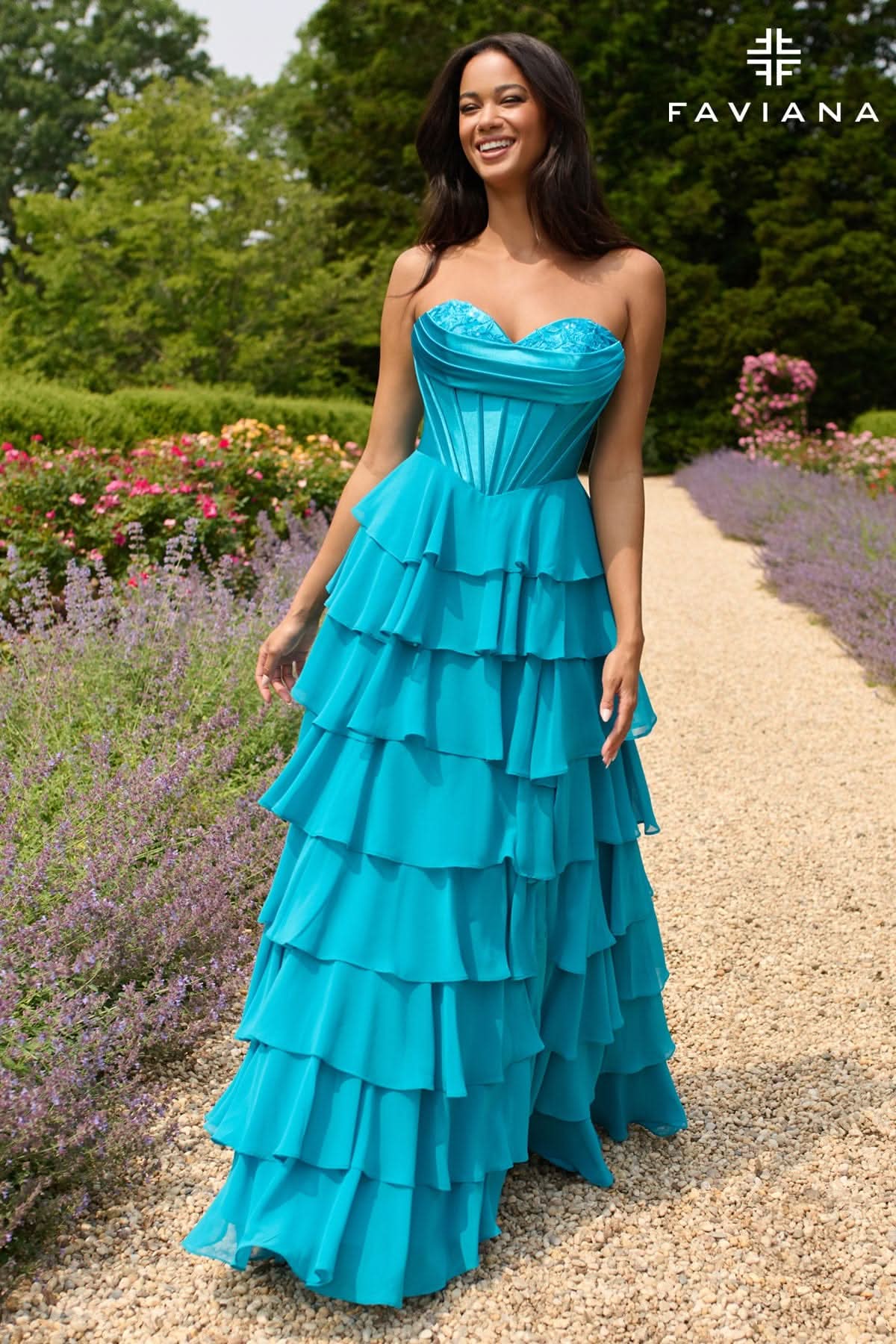 Peekaboo Corset Satin And Chiffon Dress With Tiered Ruffled Skirt | 11436/11436E