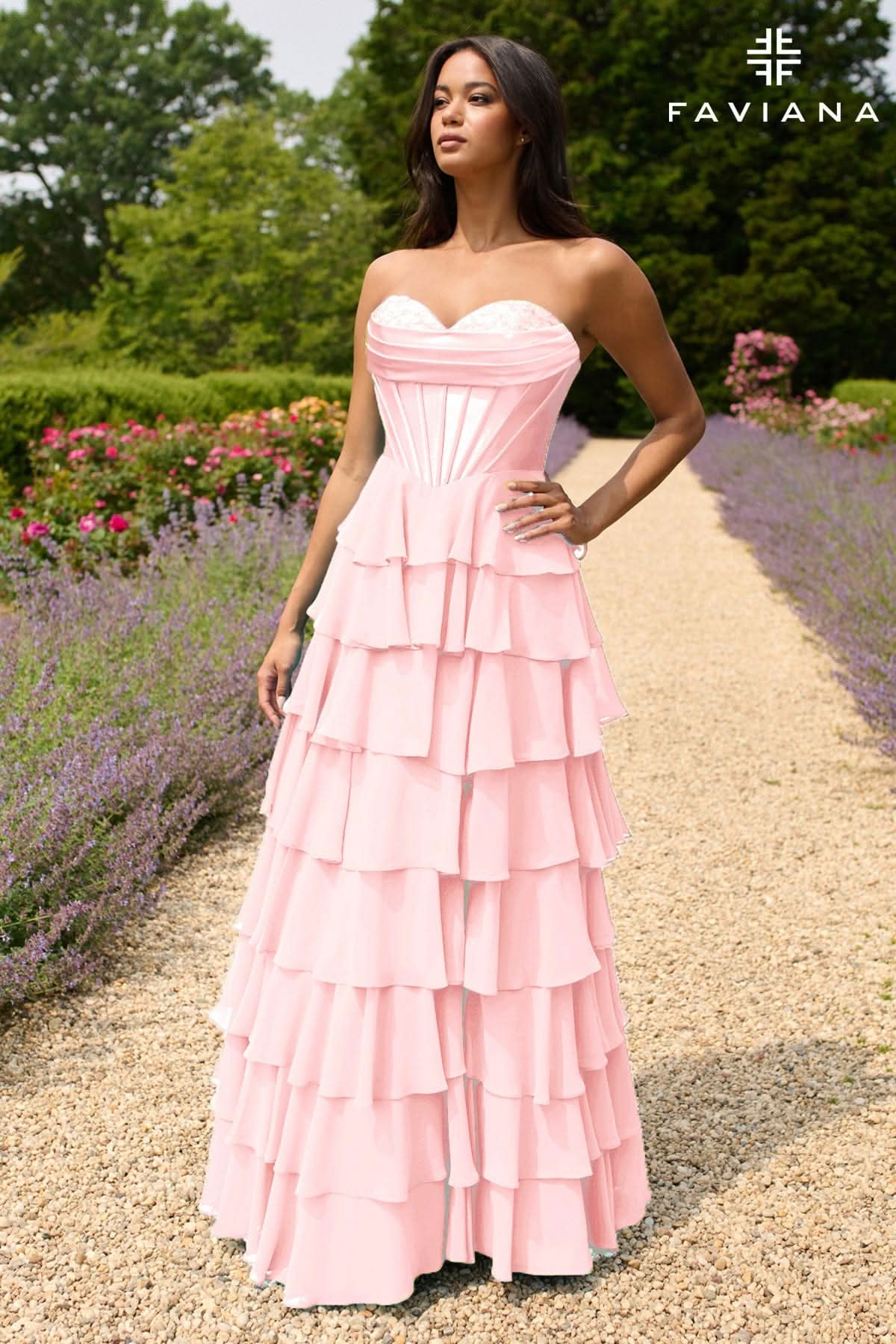 Peekaboo Corset Satin And Chiffon Dress With Tiered Ruffled Skirt | 11436/11436E