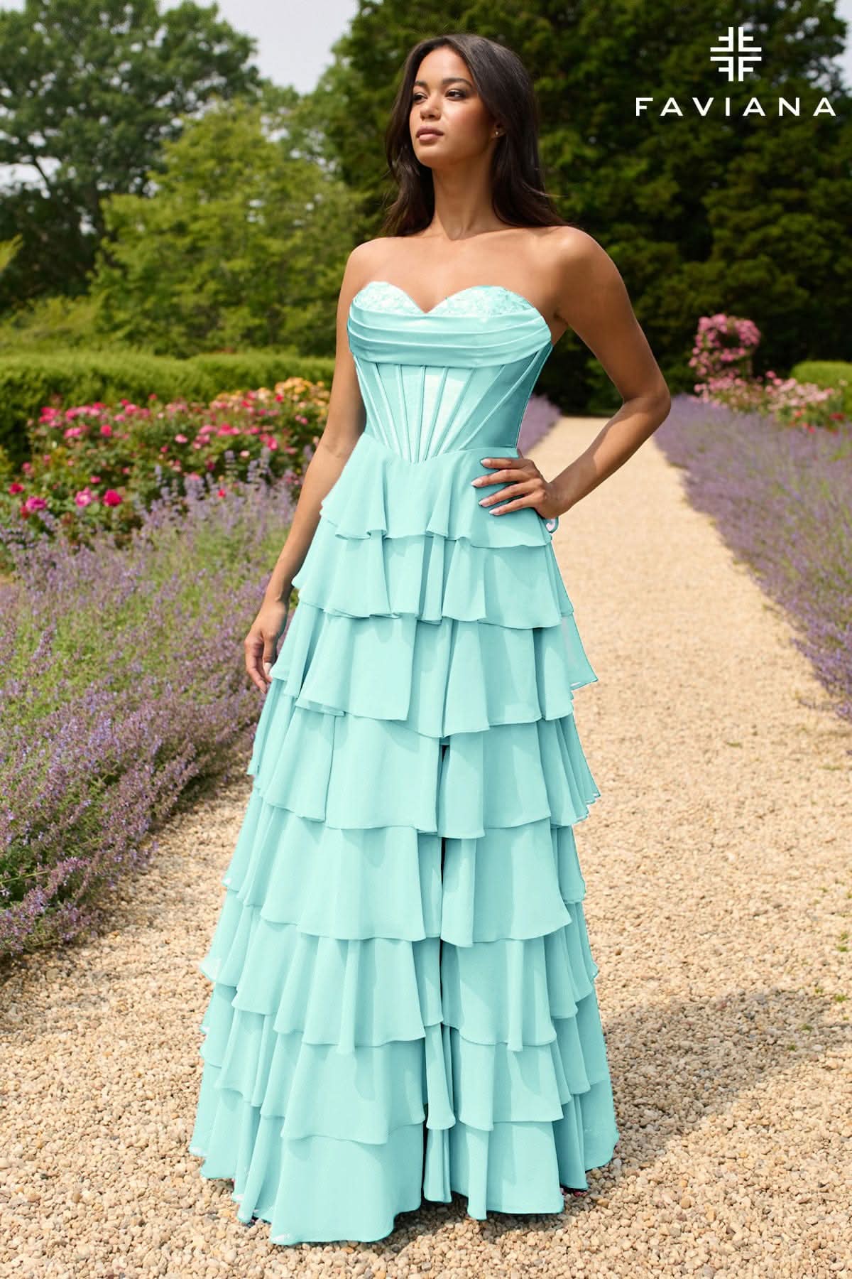 Peekaboo Corset Satin And Chiffon Dress With Tiered Ruffled Skirt | 11436/11436E
