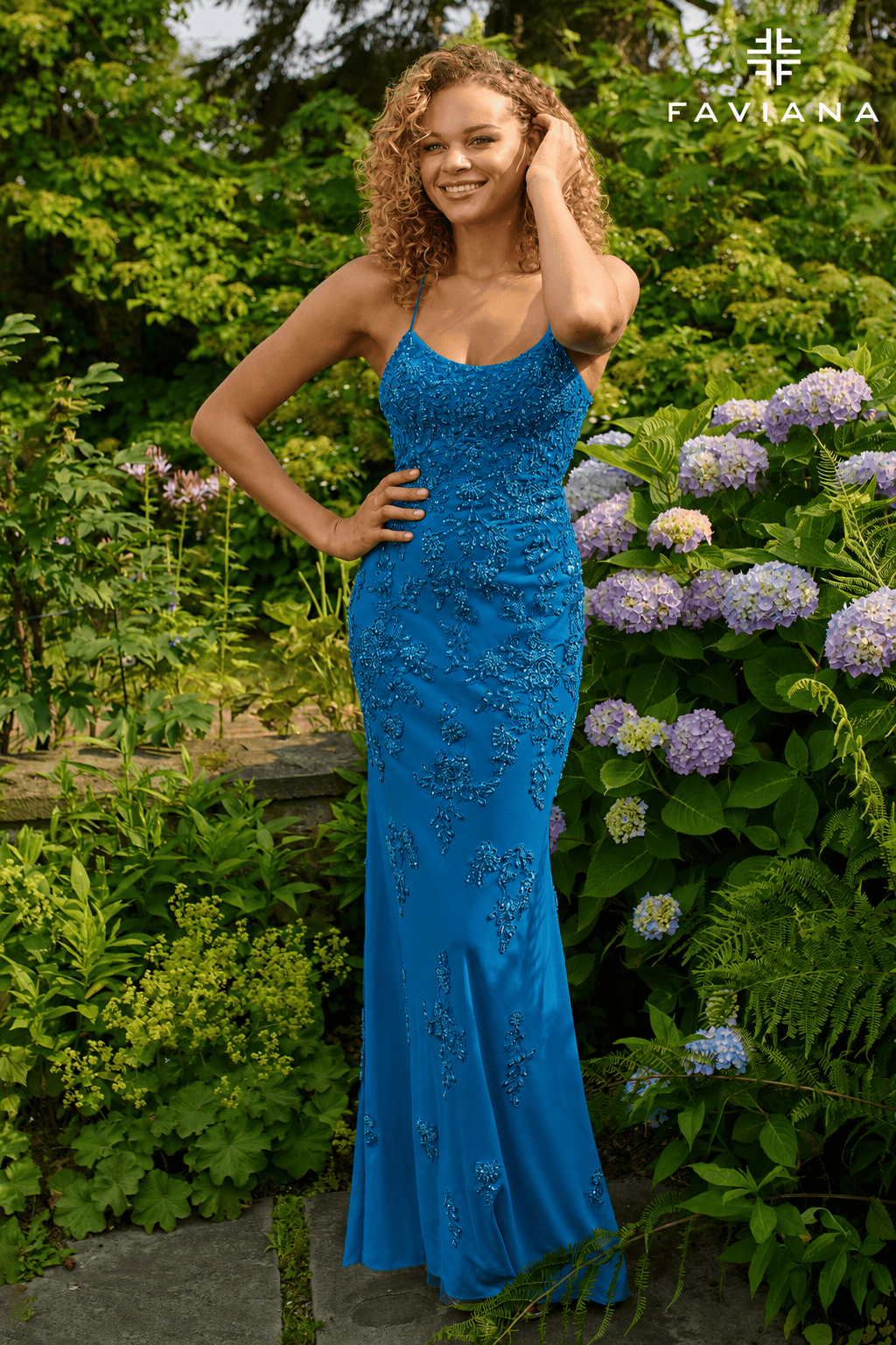 Ink Blue Scoop Neck Tulle And Beading Long Dress With Lace-Up Back | 11440
