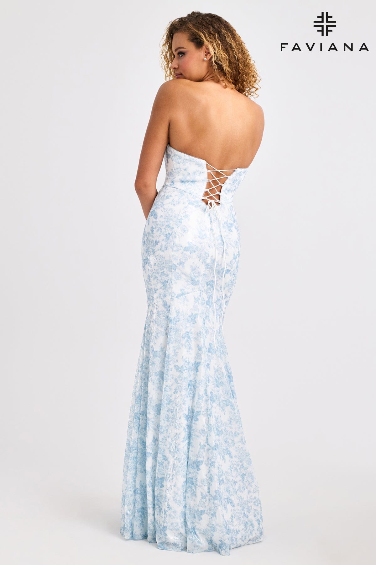Pointed Bustier Strapless Sequin Dress With Blue And White Floral Print | 11441