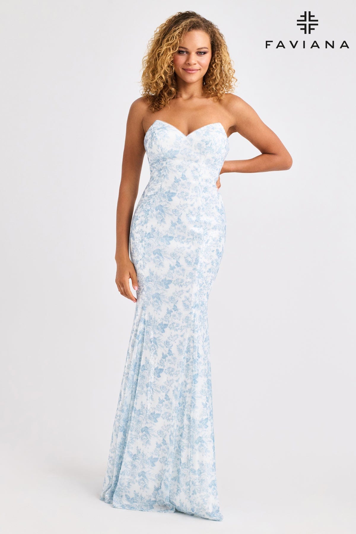 Pointed Bustier Strapless Sequin Dress With Blue And White Floral Prin