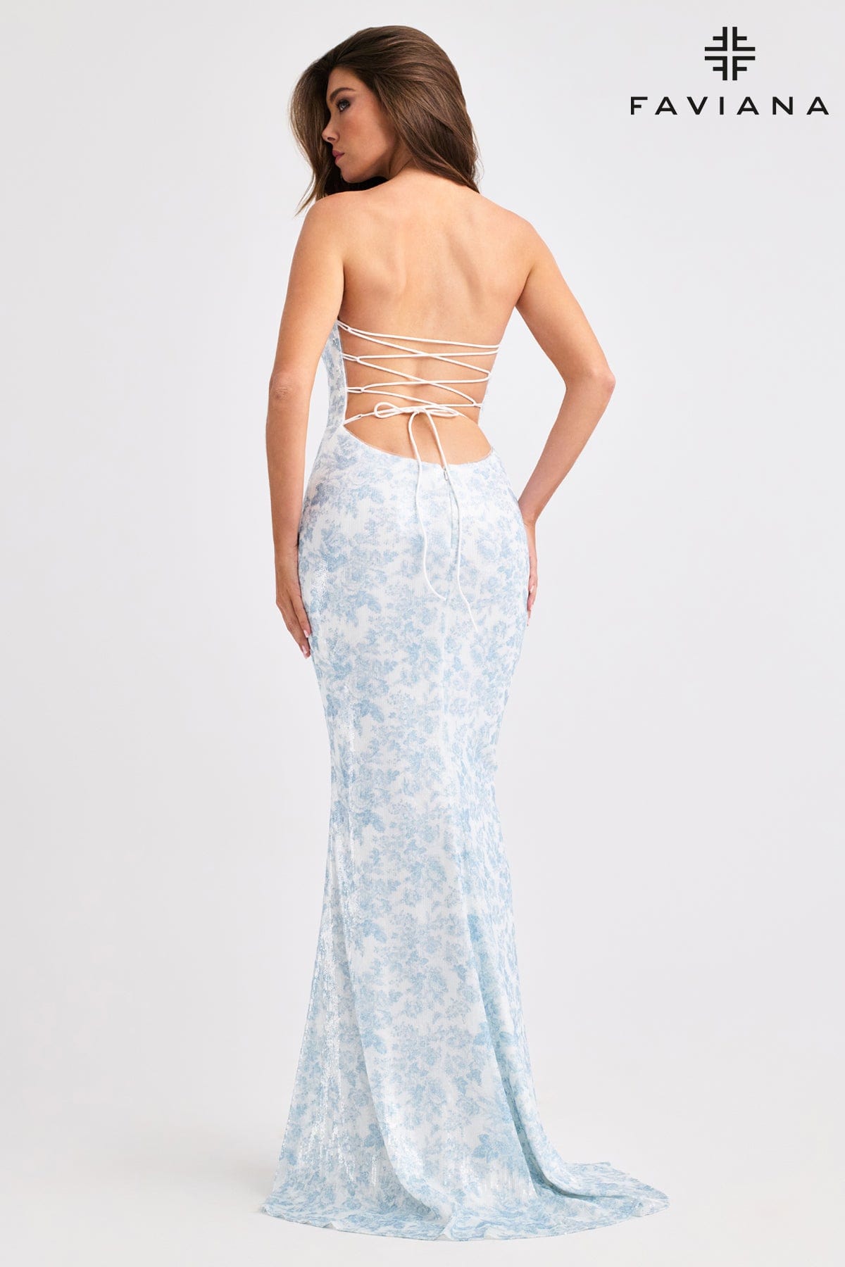 Strapless Sequin Dress With Blue And White Floral Print | 11442
