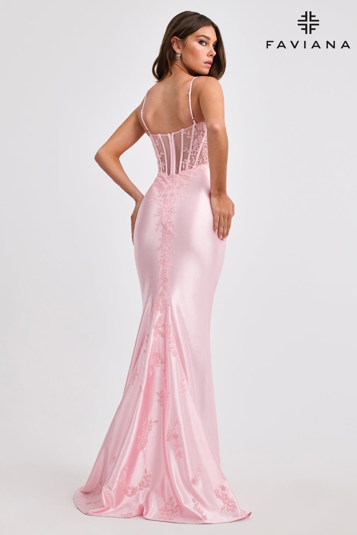 Sleek Satin Gown With Corset Boning Back And Appliqué | 11466