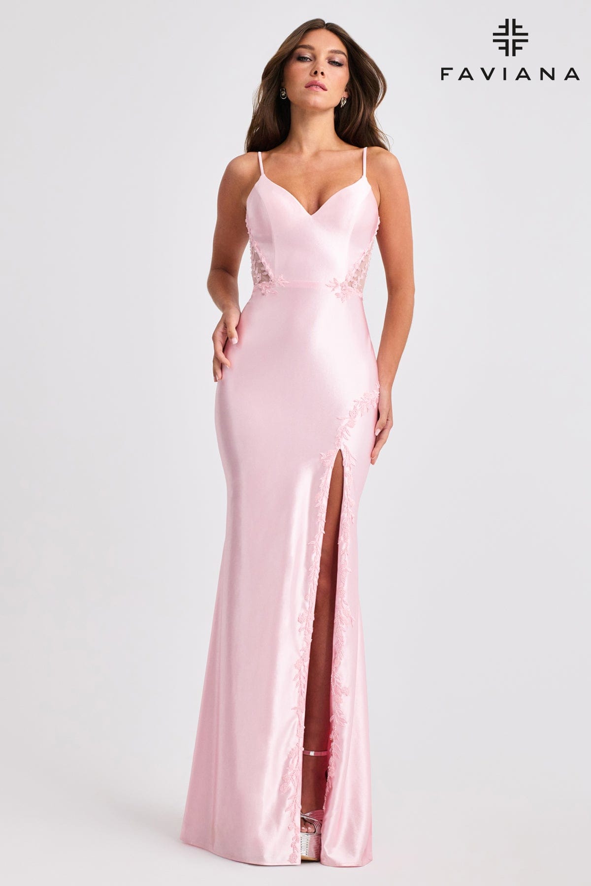 Sleek Satin Gown With Corset Boning Back And Appliqué | 11466