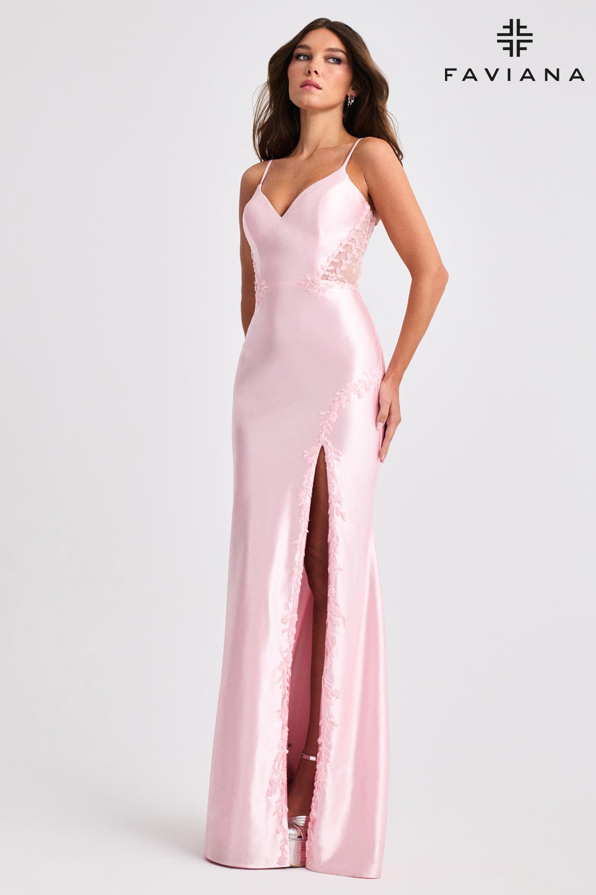 Sleek Satin Gown With Corset Boning Back And Appliqué | 11466