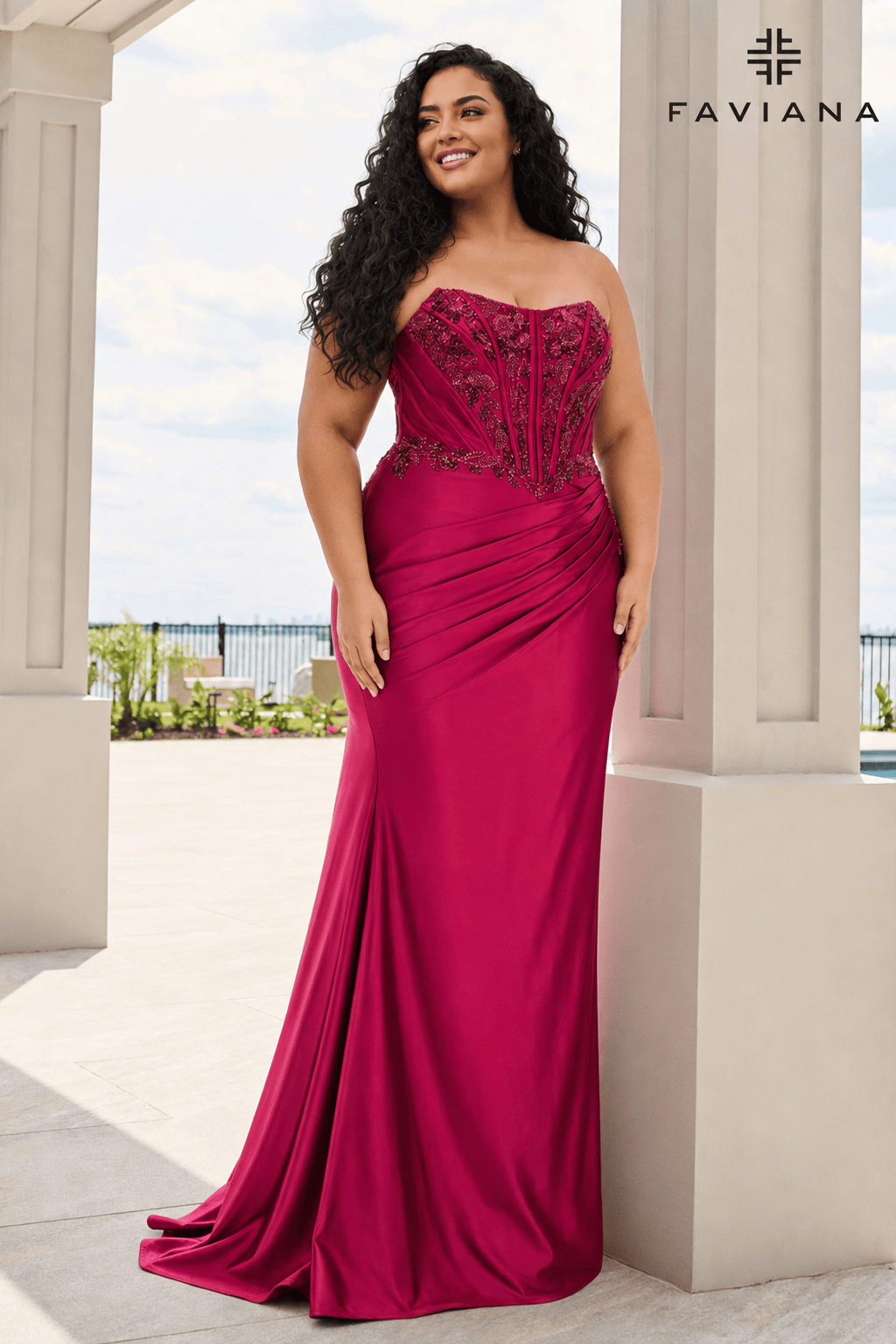 Beaded Satin Strapless Bustier Dress With Gathered Pleating | 11606