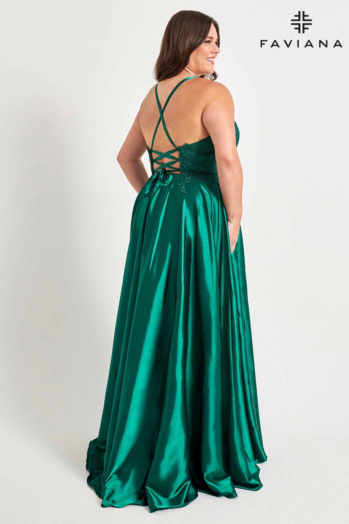 Green Plus Size Long Flowy Prom Dress With Lace Bustier And Corset Back | Faviana Green Plus Size Long Flowy Prom Dress With Lace Bustier And Corset Back | Faviana