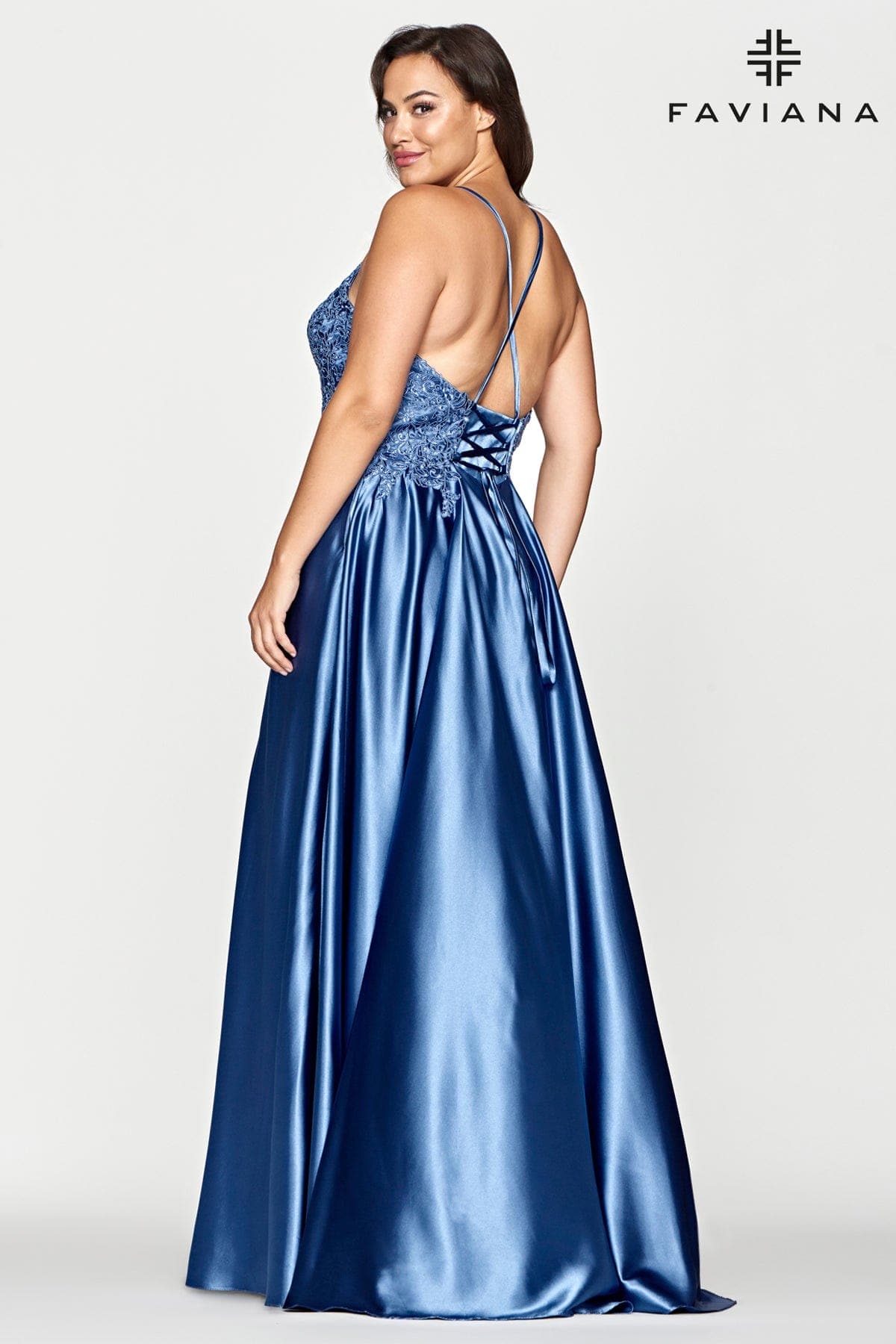 Steel Blue Plus Size Long Flowy Prom Dress With Lace Bustier And Corset Back | Faviana Steel Blue Plus Size Long Flowy Prom Dress With Lace Bustier And Corset Back | Faviana