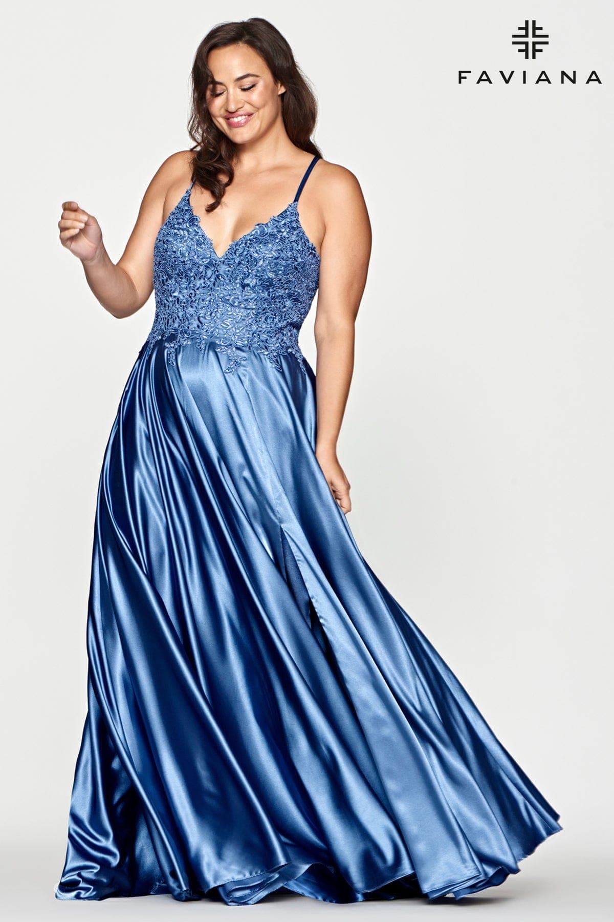 Steel Blue Plus Size Long Flowy Prom Dress With Lace Bustier And Corset Back | Faviana Steel Blue Plus Size Long Flowy Prom Dress With Lace Bustier And Corset Back | Faviana