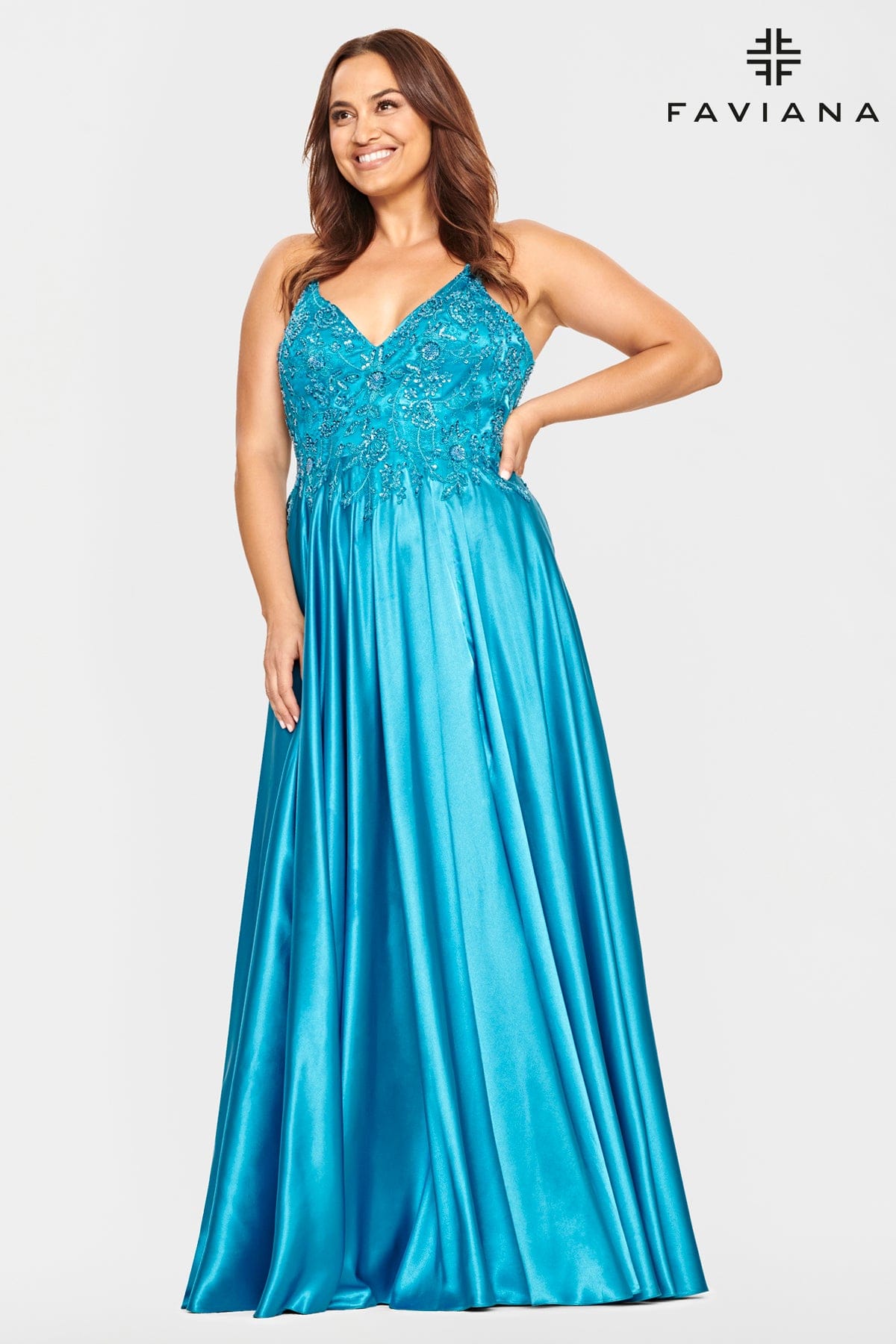 Teal Plus Size V Neck Prom Dress With Flowy Skirt And Beaded Bodice