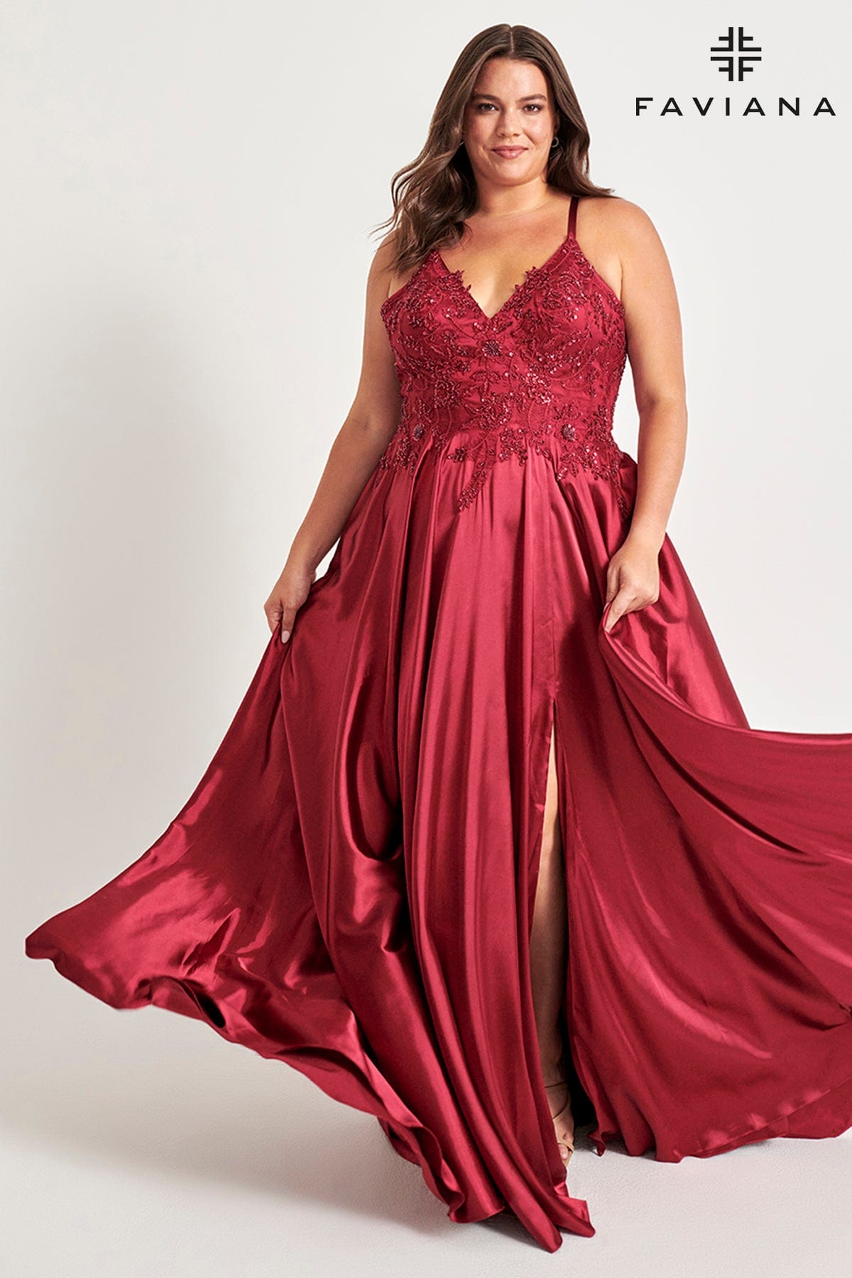 Wine Red Plus Size V Neck Prom Dress With Flowy Skirt And Beaded Bodice