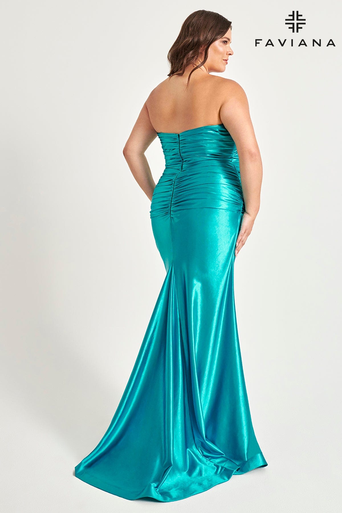 Stretch Satin Plus Size Strapless Dress With Ruching Detail | 9545
