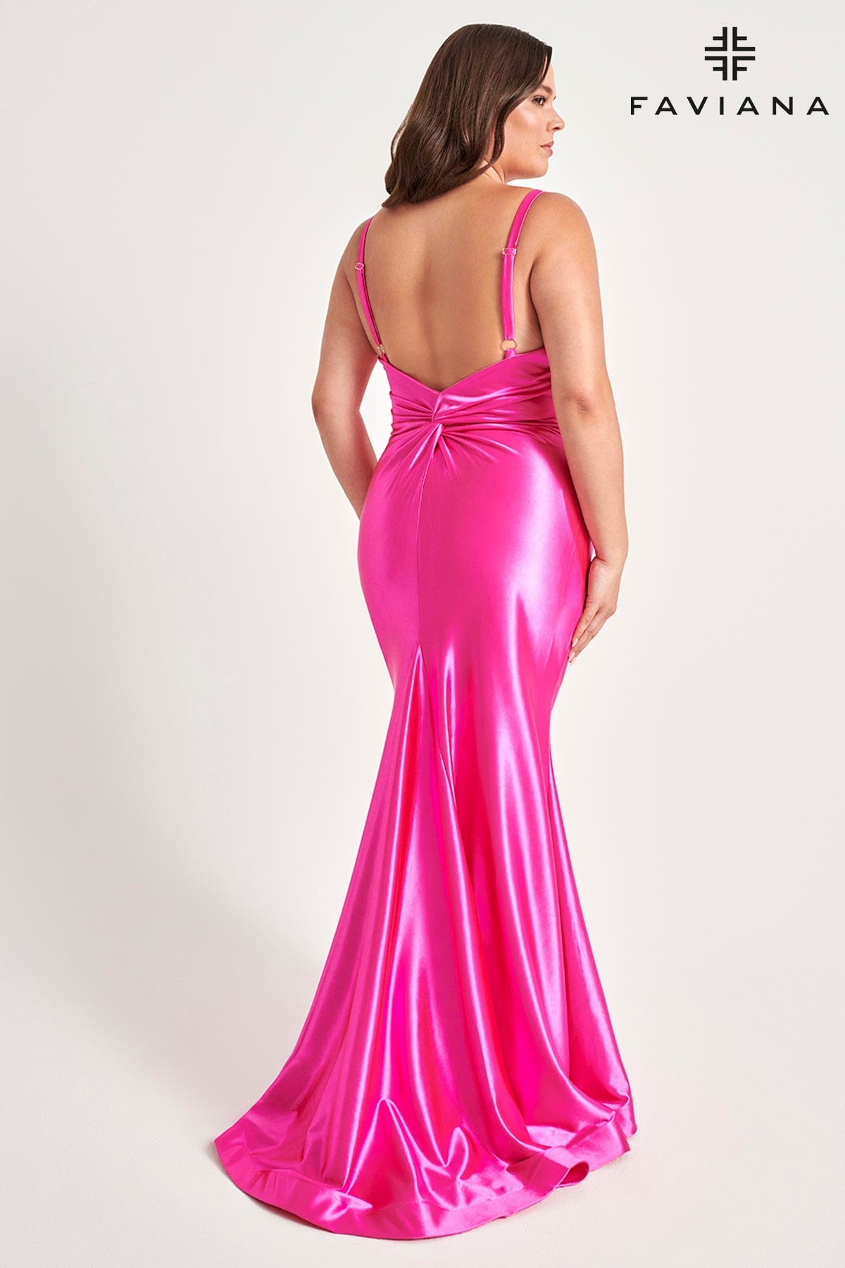 pink plus size prom dresses Stretch Satin Hot Pink Plus Size Prom Dress With Knot Detailing