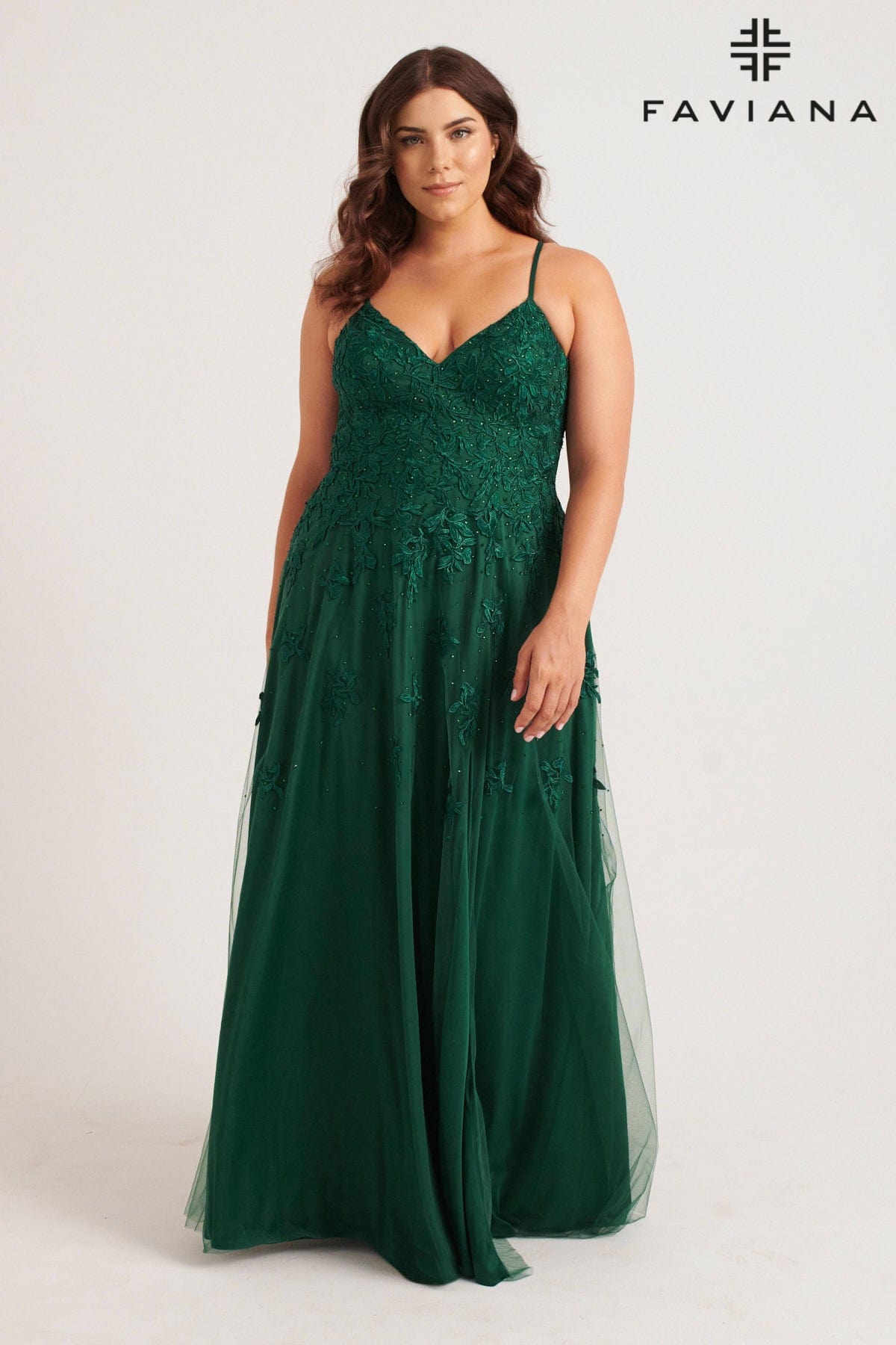 Plus Size V-Neck Lace and Tulle Flowy Gown | 9552