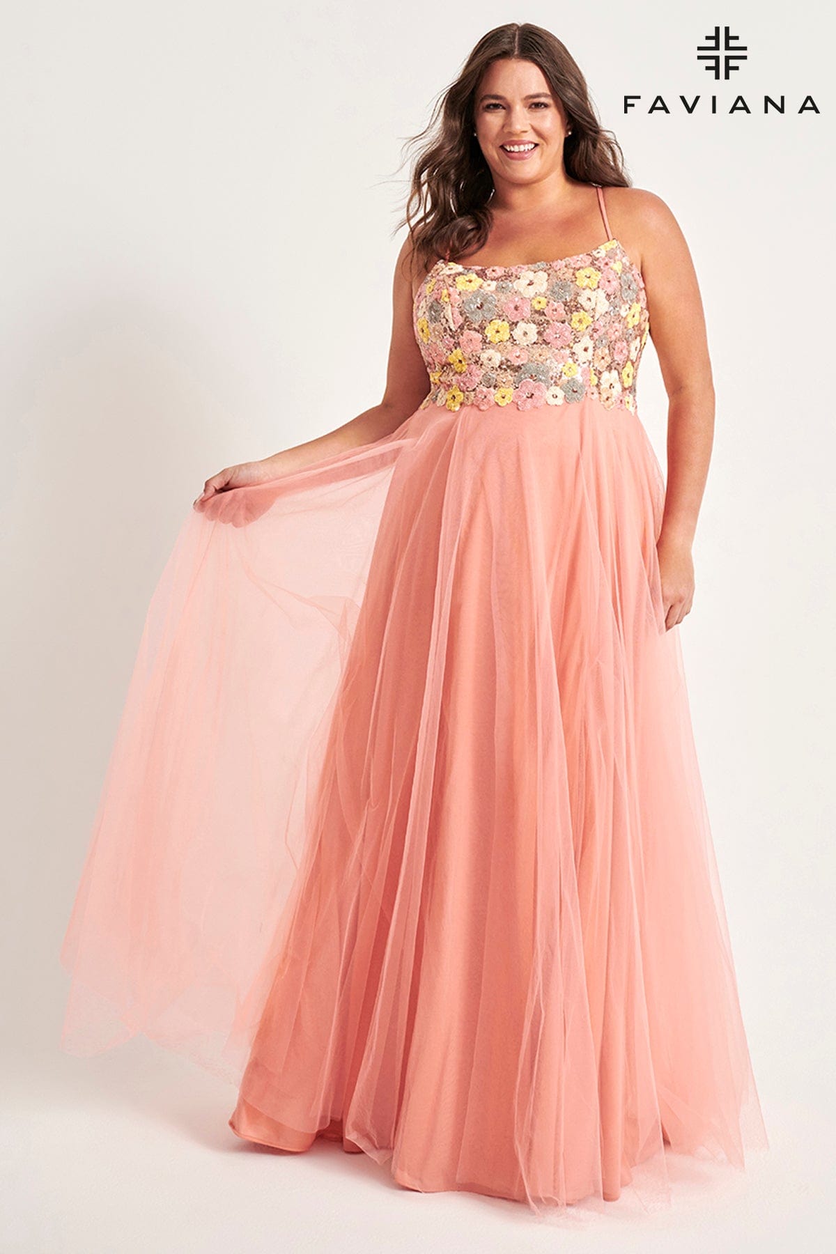 Floral Plus Size Dress With Sequin Bustier And Tulle Skirt | 9557