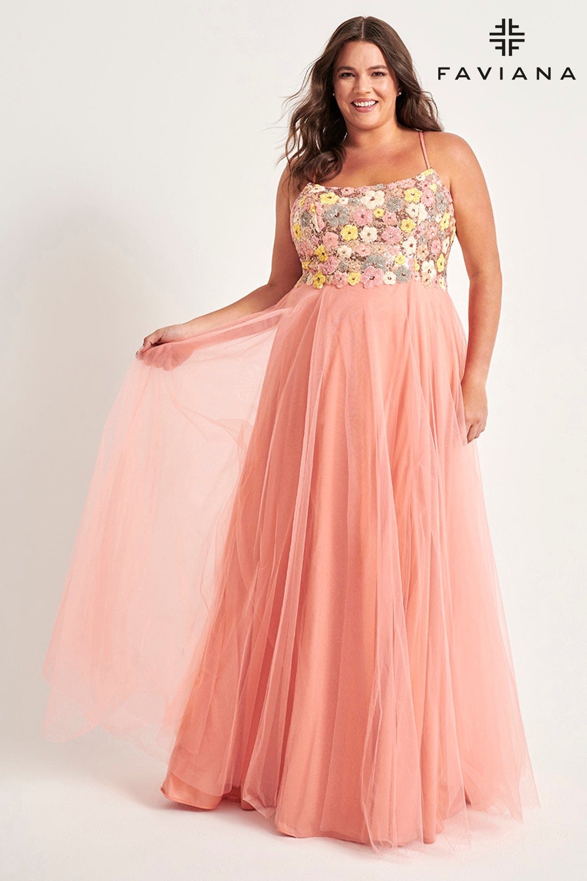 Floral Plus Size Dress With Sequin Bustier And Tulle Skirt | 9557 Floral Plus Size Dress With Sequin Bustier And Tulle Skirt | 9557