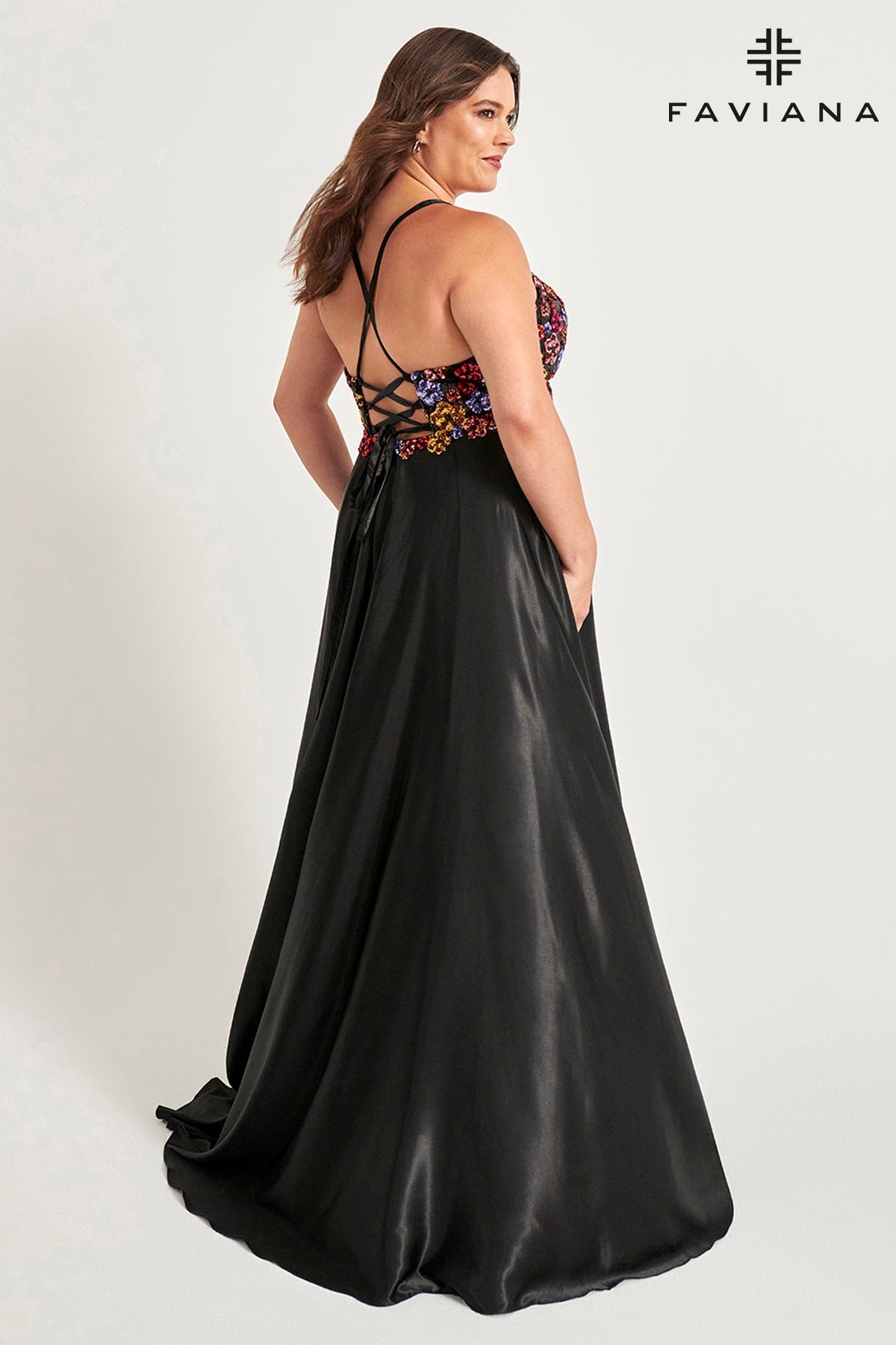 Plus Size Flowy Prom Dress With Silky Skirt And Floral Sequin Bustier | 9558