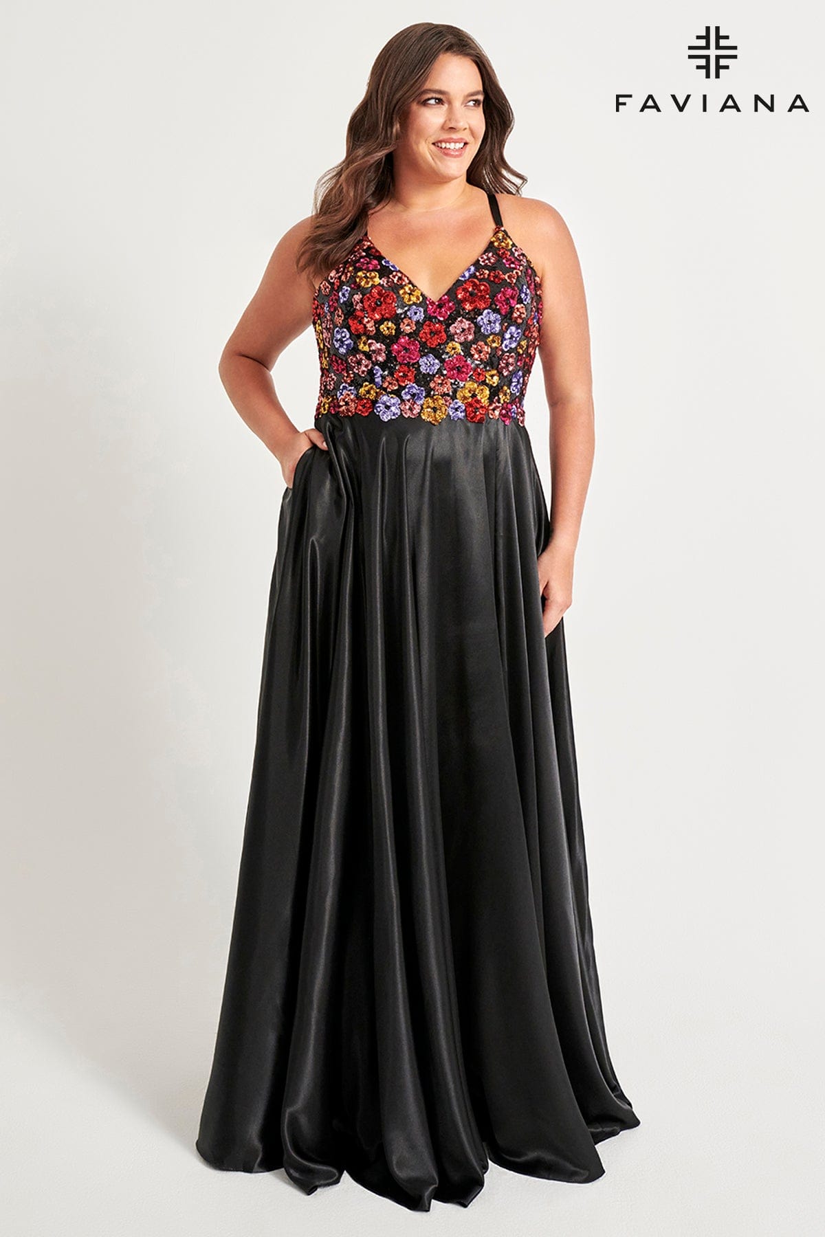 Plus Size Flowy Prom Dress With Silky Skirt And Floral Sequin Bustier Plus Size Flowy Prom Dress With Silky Skirt And Floral Sequin Bustier