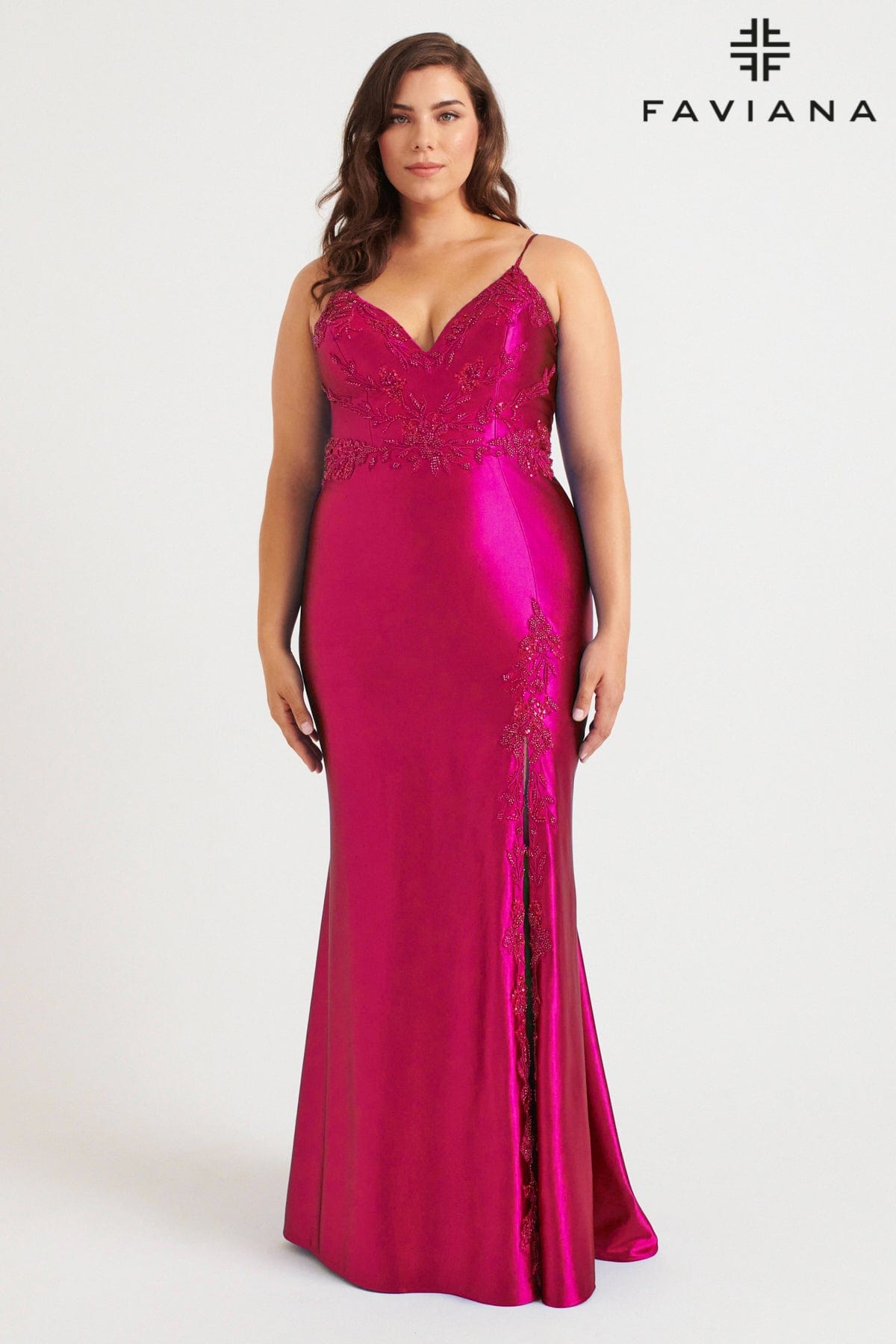 Plus Size Sleek Satin V-Neck Dress For Prom With Beading | 9562