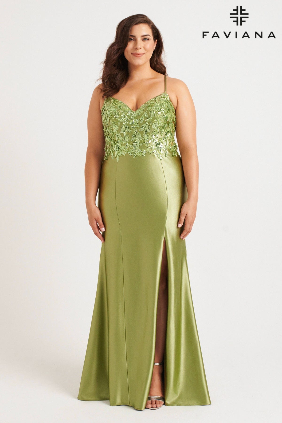 Plus Size Stretch Satin Gown With Bustier Sequin Appliqu | 9563 Plus Size Stretch Satin Gown With Bustier Sequin Appliqu | 9563
