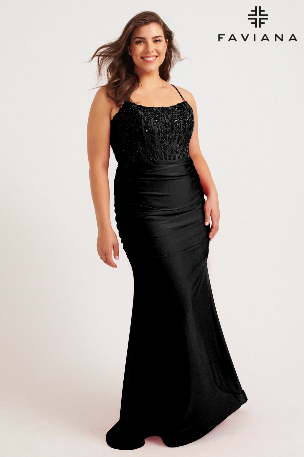 Plus Size Beaded Corset Gown With Ruching Detailing | 9569