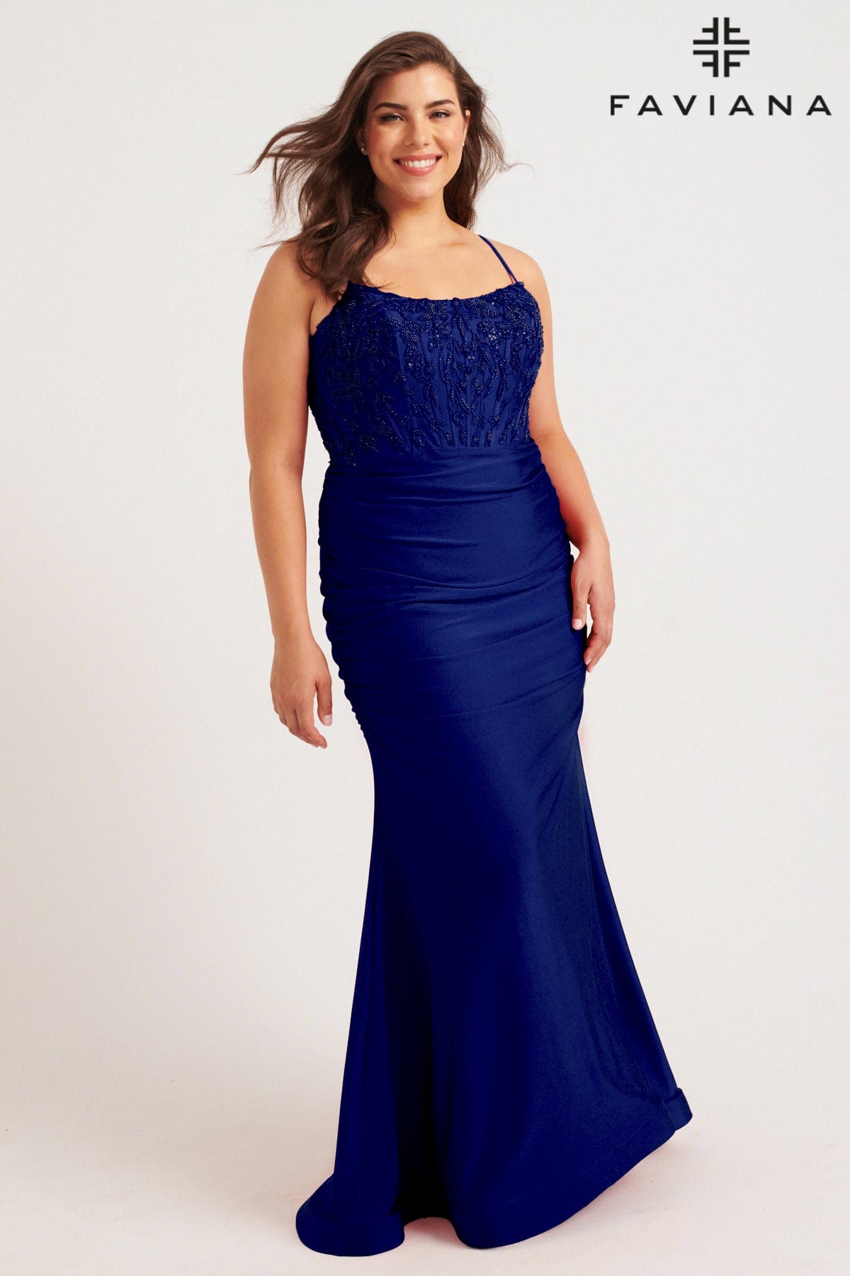 Plus Size Beaded Corset Gown With Ruching Detailing | 9569