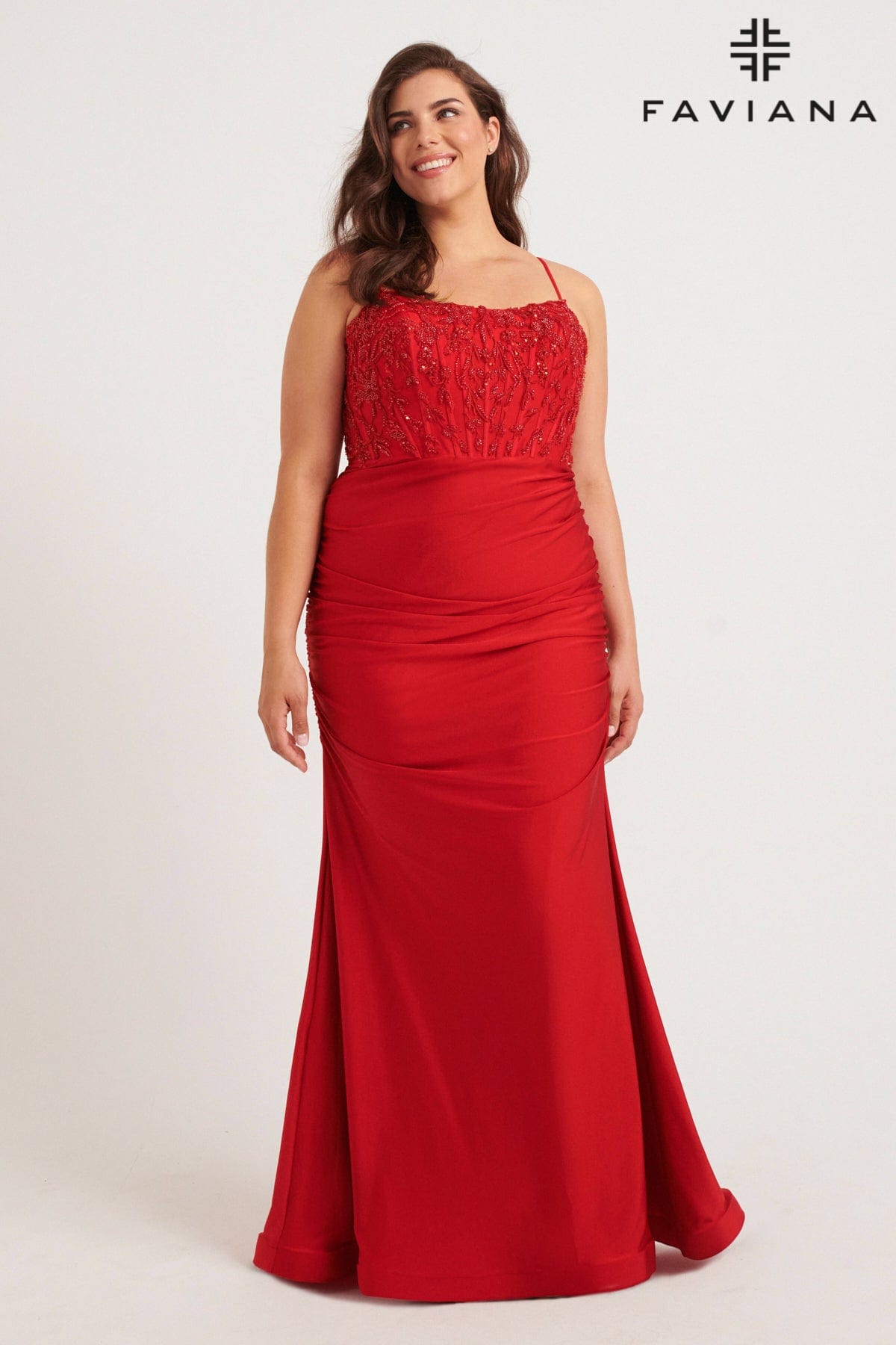 Plus Size Beaded Corset Gown With Ruching Detailing | 9569