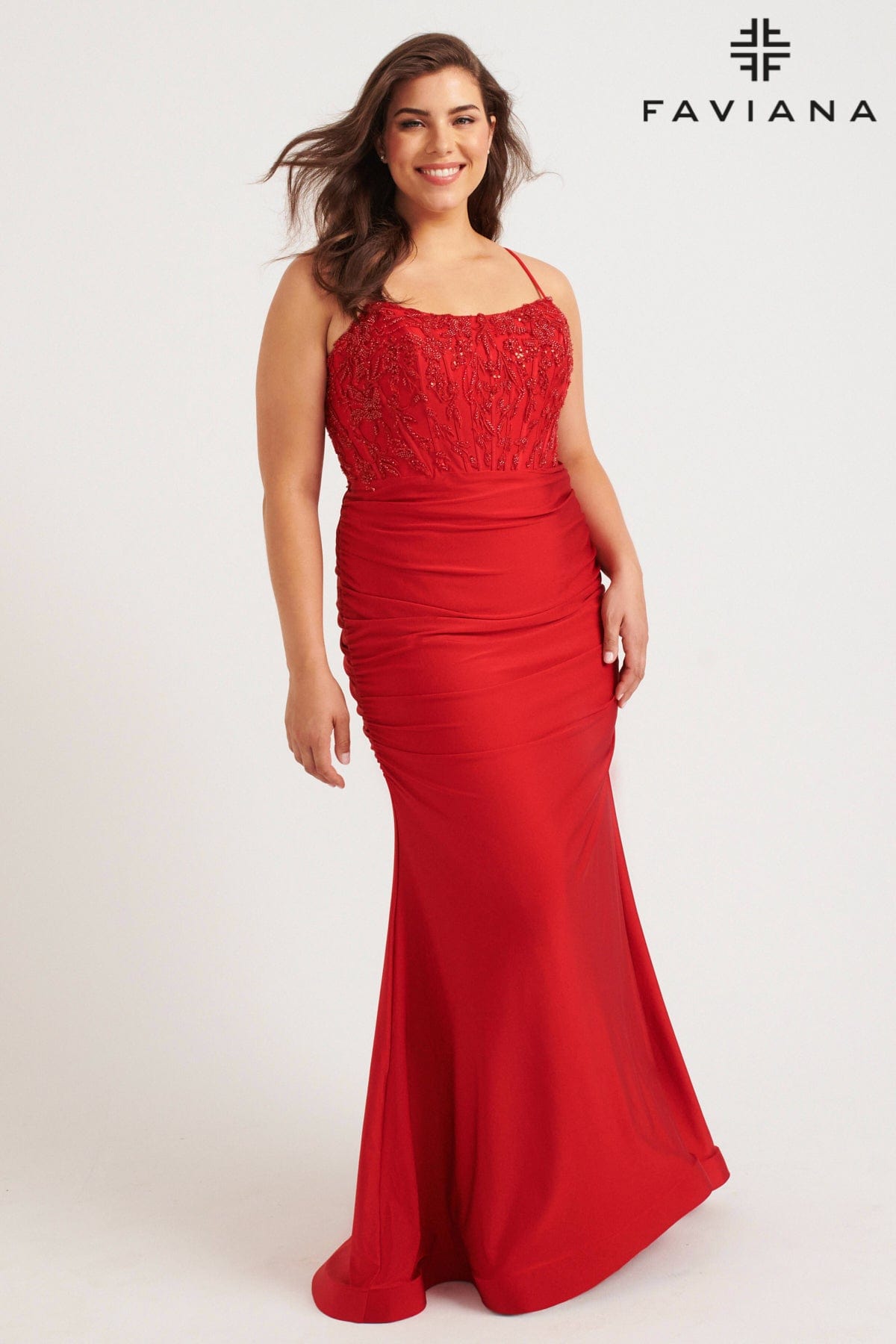 Plus Size Beaded Corset Gown With Ruching Detailing | 9569